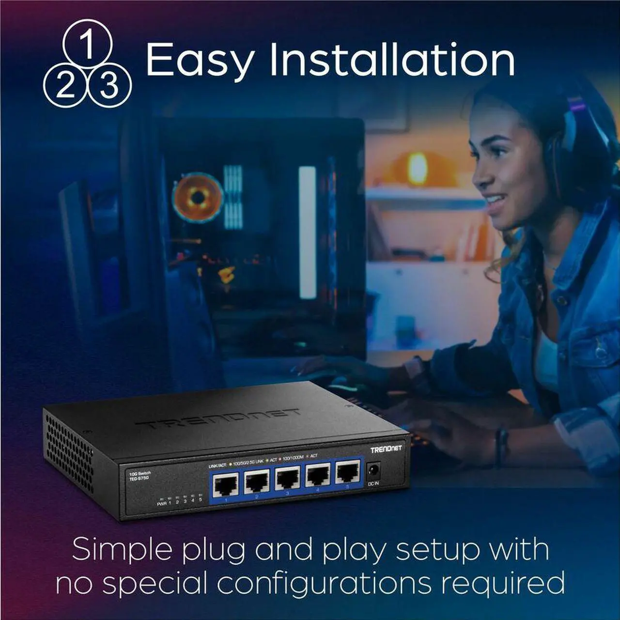 Alt view image 6 of 11 - TRENDnet 5-Port 10G Switch, TEG-S750, 5 x 10G RJ-45 Ports, 100Gbps Switching Capacity, Supports 2.5G and 5G-Base-T Connections, Ethernet Splitter, NDAA & TAA Compliant, Lifetime Protection, Black