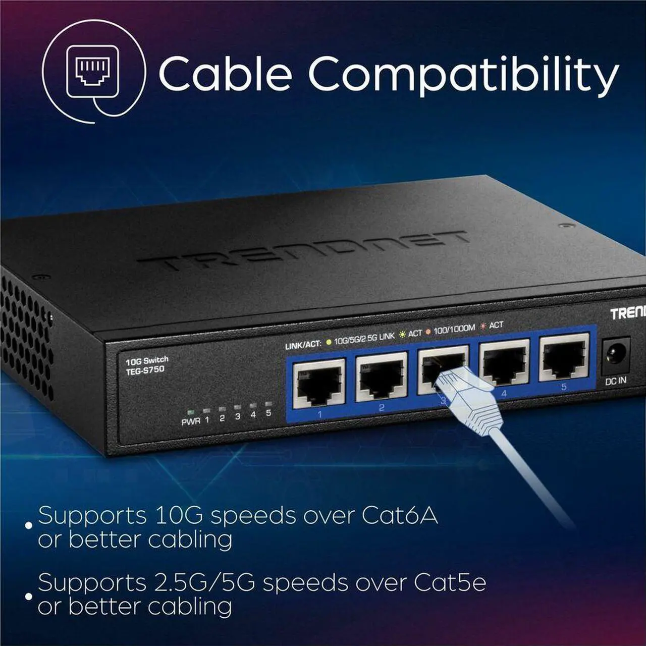 Alt view image 10 of 11 - TRENDnet 5-Port 10G Switch, TEG-S750, 5 x 10G RJ-45 Ports, 100Gbps Switching Capacity, Supports 2.5G and 5G-Base-T Connections, Ethernet Splitter, NDAA & TAA Compliant, Lifetime Protection, Black