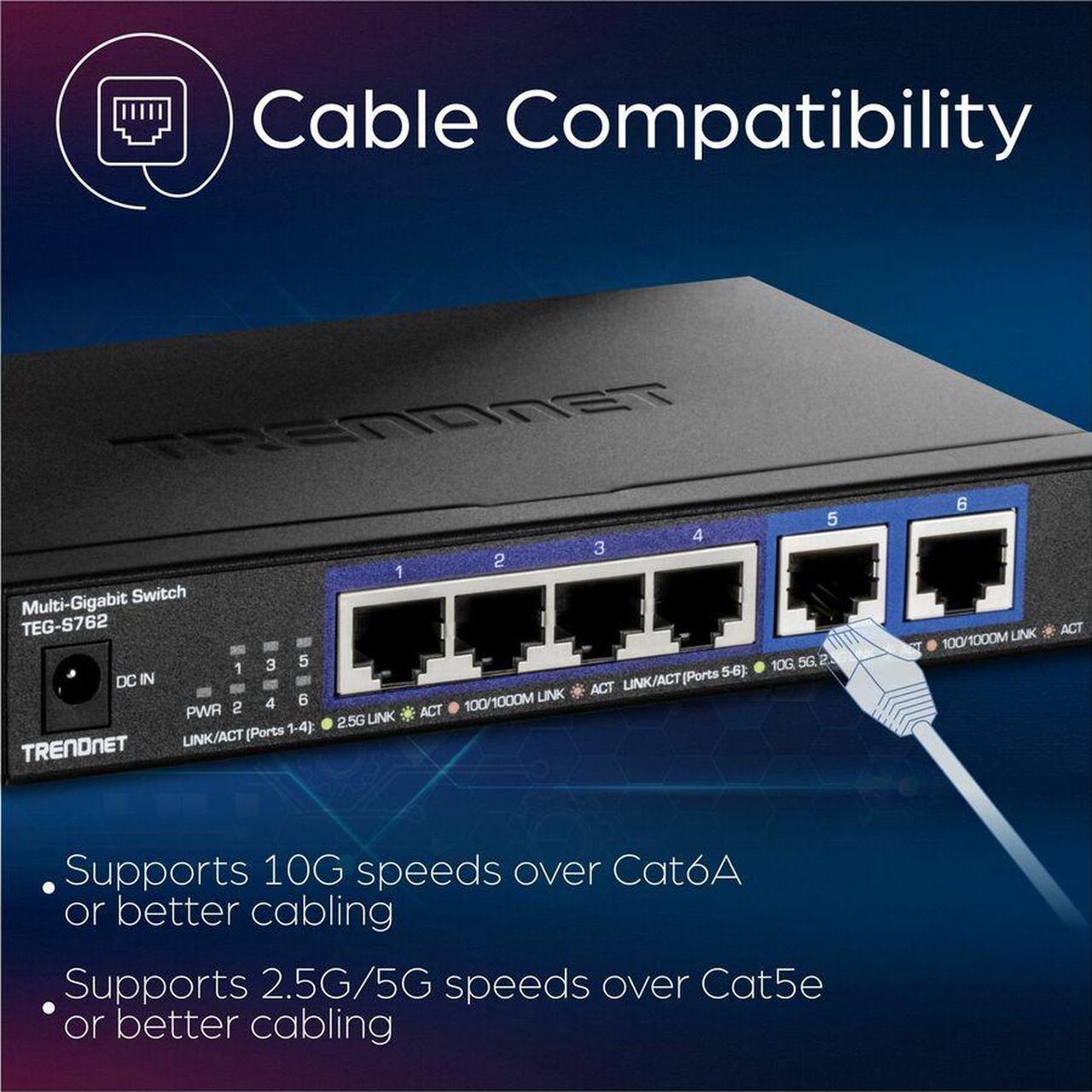 Alt view image 6 of 13 - TRENDnet 6-Port 10G Switch, 4 x 2.5G RJ-45 Base-T Ports, TEG-S762, 2 x 10G RJ-45 Ports, 60Gbps Switching Capacity, Wall Mountable, Ethernet Splitter