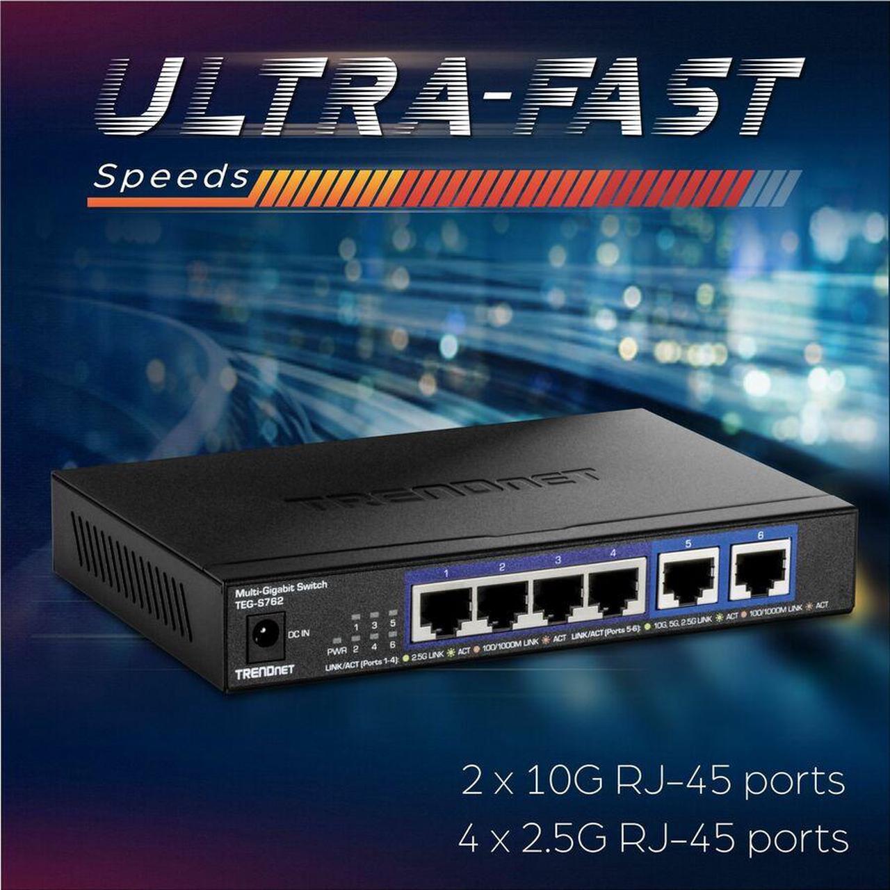 Alt view image 11 of 13 - TRENDnet 6-Port 10G Switch, 4 x 2.5G RJ-45 Base-T Ports, TEG-S762, 2 x 10G RJ-45 Ports, 60Gbps Switching Capacity, Wall Mountable, Ethernet Splitter