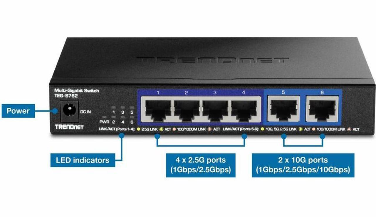 Alt view image 13 of 13 - TRENDnet 6-Port 10G Switch, 4 x 2.5G RJ-45 Base-T Ports, TEG-S762, 2 x 10G RJ-45 Ports, 60Gbps Switching Capacity, Wall Mountable, Ethernet Splitter
