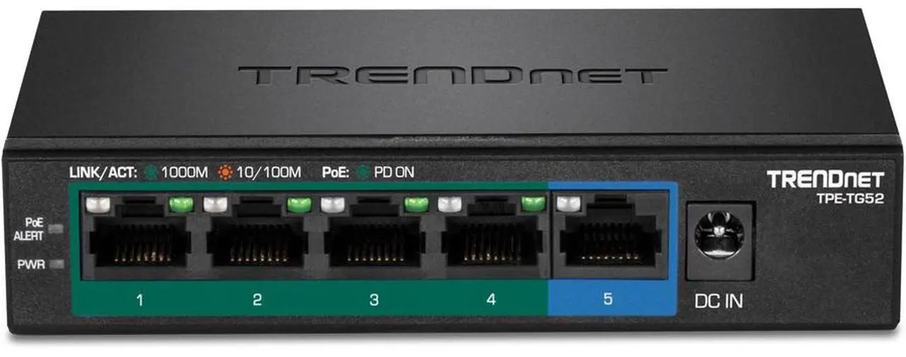Alt view image 3 of 5 - TRENDnet 5-Port Gigabit PoE+ Switch, 32W PoE Power Budget, 10Gbps Switching Capacity, IEEE 802.1p QoS, DSCP Pass-Through Support, Fanless, Wall Mountable, Lifetime Protection, Black, TPE-TG52