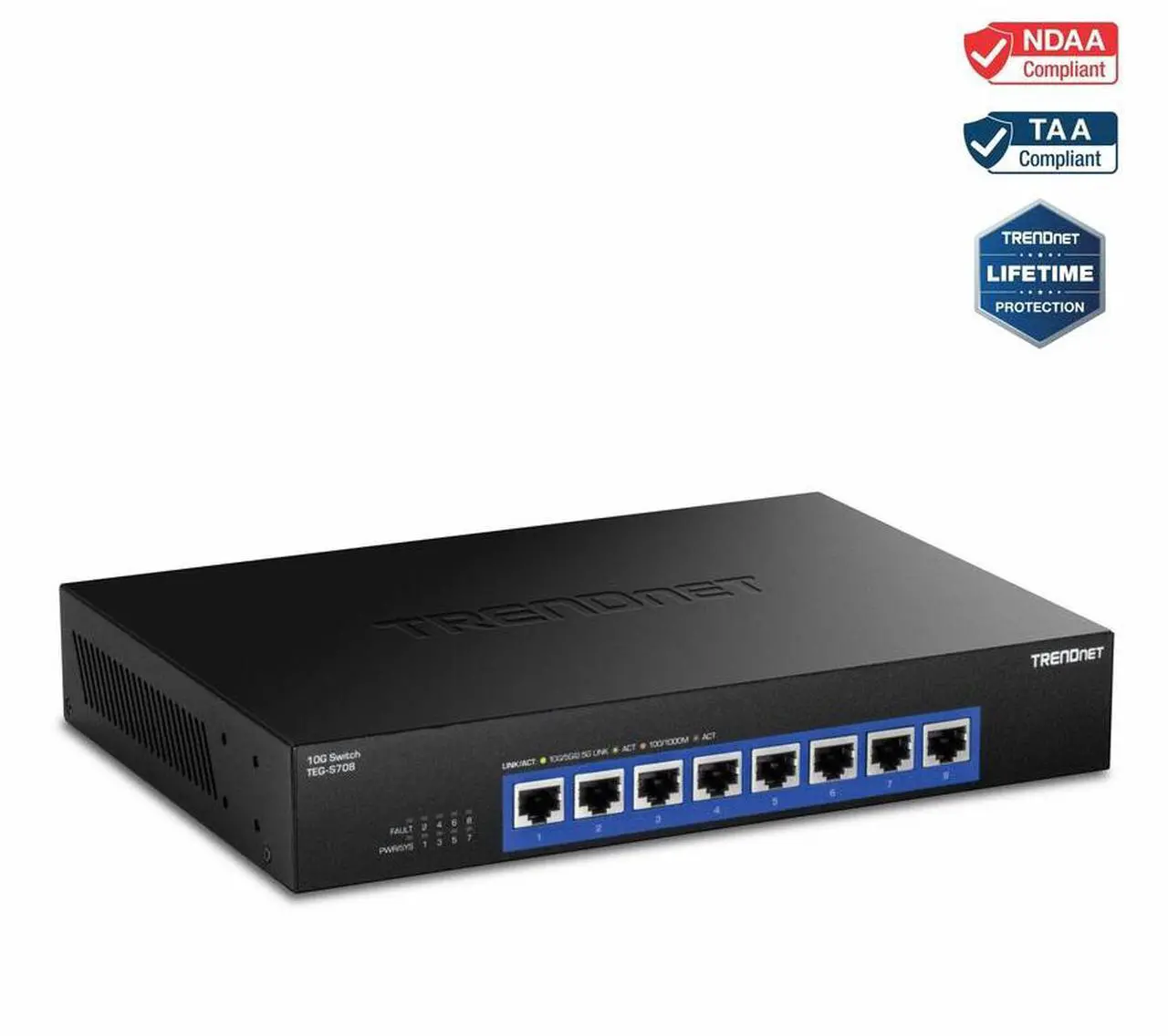 Main image of TRENDnet 8-Port 10G Switch, TEG-S708, 8 x 10G RJ-45 Ports, 160Gbps Switching Capacity Rack mountable, Ethernet Splitter, NDAA & TAA Compliant, Lifetime Protection, Black