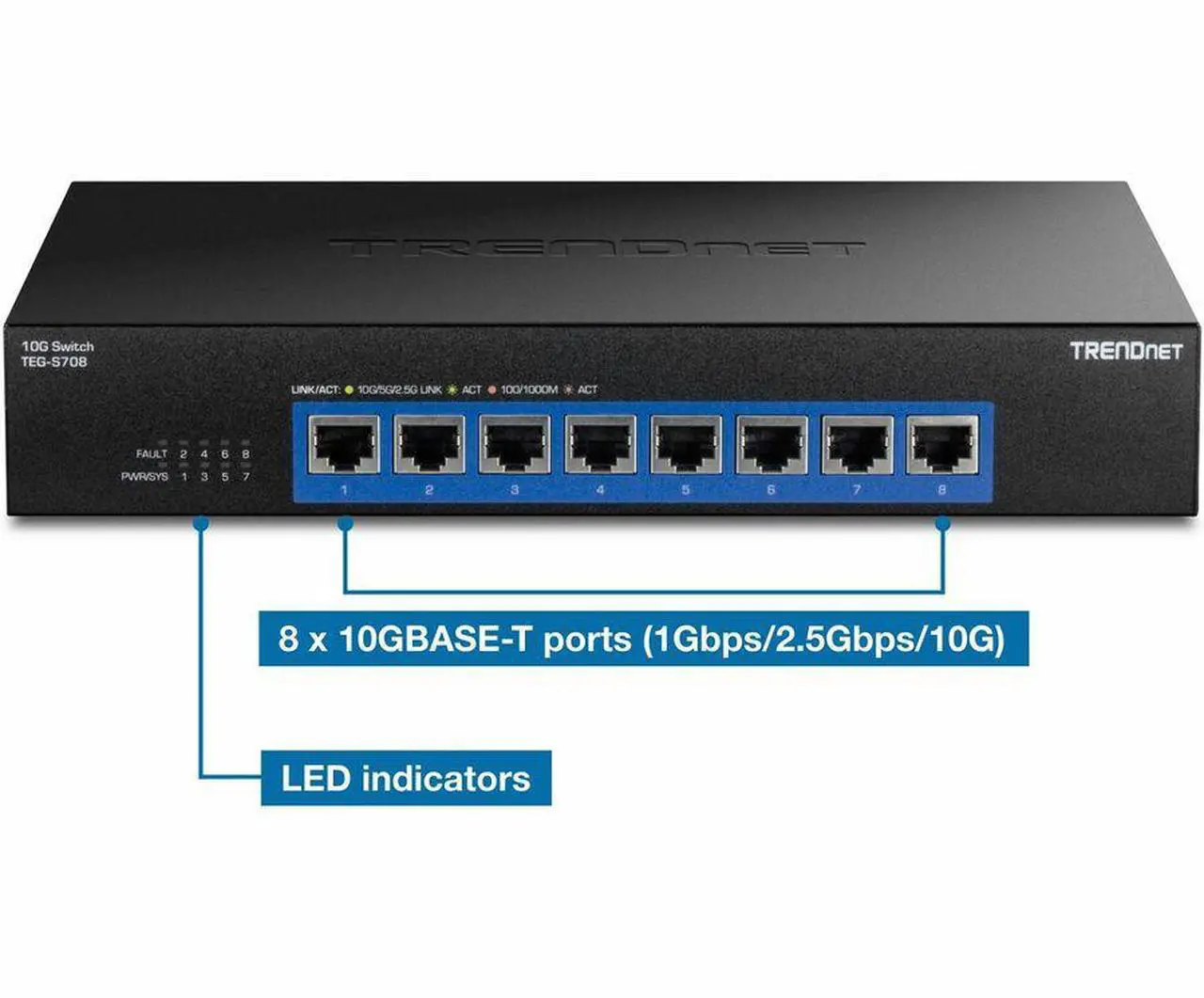 Alt view image 2 of 9 - TRENDnet 8-Port 10G Switch, TEG-S708, 8 x 10G RJ-45 Ports, 160Gbps Switching Capacity Rack mountable, Ethernet Splitter, NDAA & TAA Compliant, Lifetime Protection, Black
