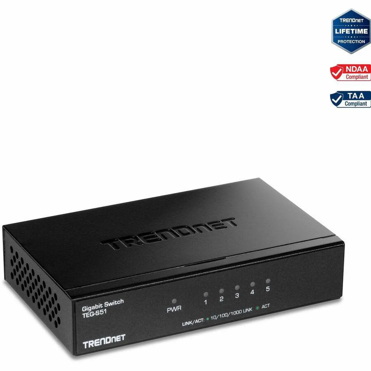 Main image of TRENDnet 5-Port Gigabit Desktop Switch, TEG-S51, 5 x Gigabit RJ-45 Ports, 10Gbps Switching Capacity, Fanless Design, Metal Enclosure, Lifetime Protection, Black