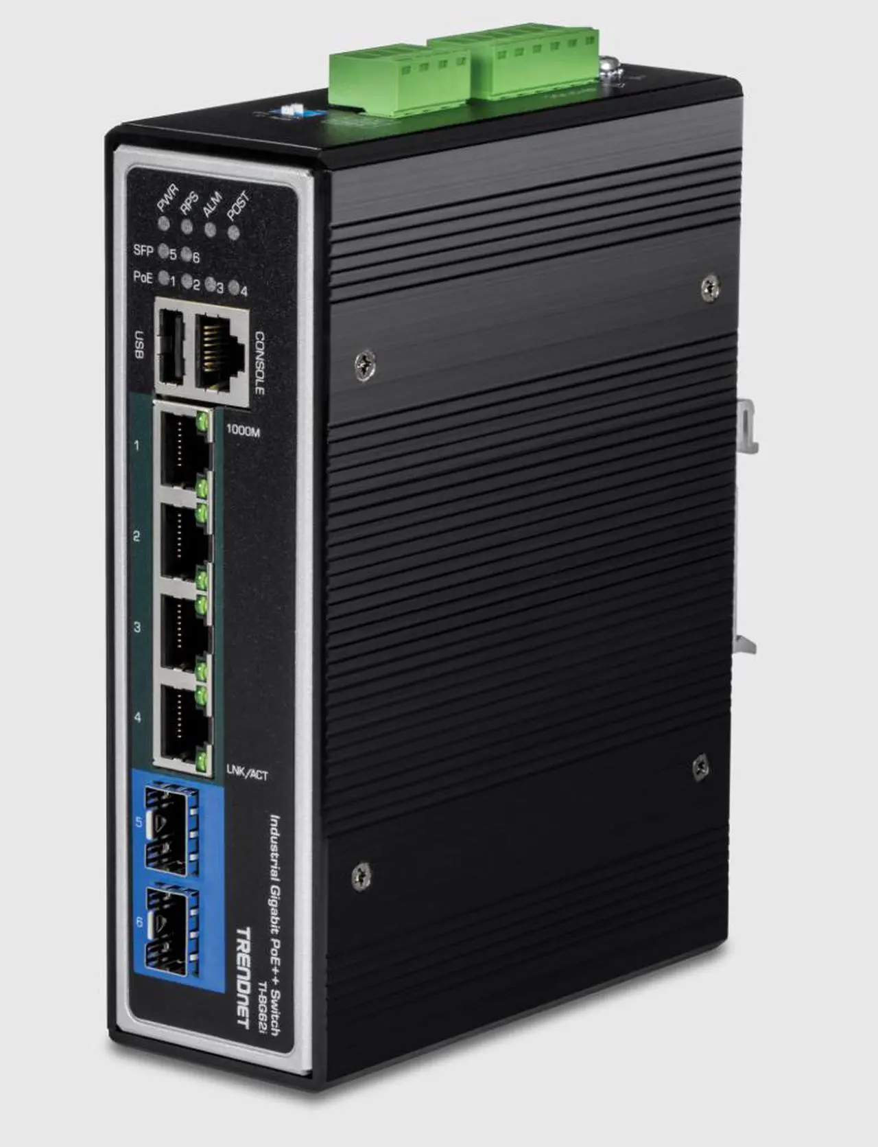 Alt view image 2 of 5 - TRENDnet 10-Port Hardened Industrial Unmanaged Gigabit PoE ++ DIN-Rail Switch, 4 Gigabit PoE++ Ports, 4 Gigabit PoE+, 2 Gigabit Share Ports SFP or RJ-45, 360W Power Budget, Black, TI-BG104