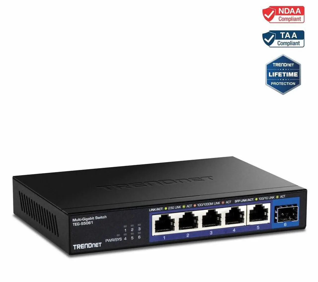 Main image of TRENDnet 6-Port 2.5G Unmanaged Switch with 10G SFP+ Port, 5 Ports - 2.5 Gigabit Ethernet, 10 Gigabit Ethernet - 2.5GBase-T, 10GBase-X - 2 Layer Supported - Modular - 9.50 W Power Consumption - Twisted