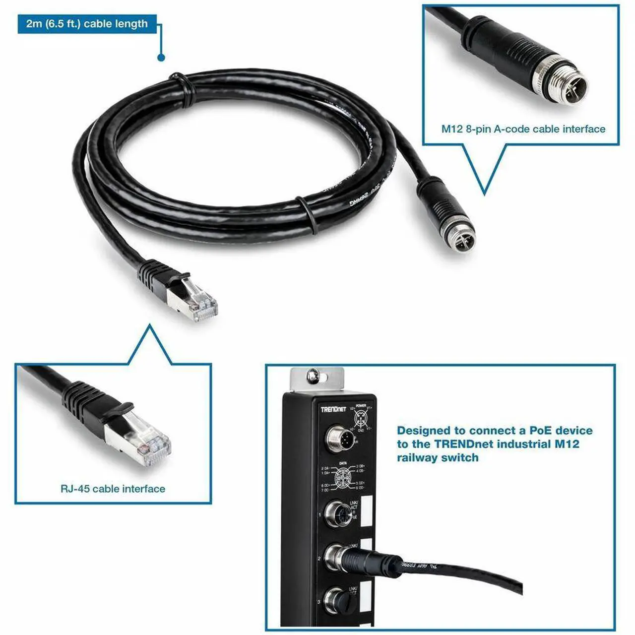 Alt view image 2 of 5 - TRENDnet TI-CD02, M12 to RJ-45 Industrial Ethernet Cable, 2m (6.5 ft.)