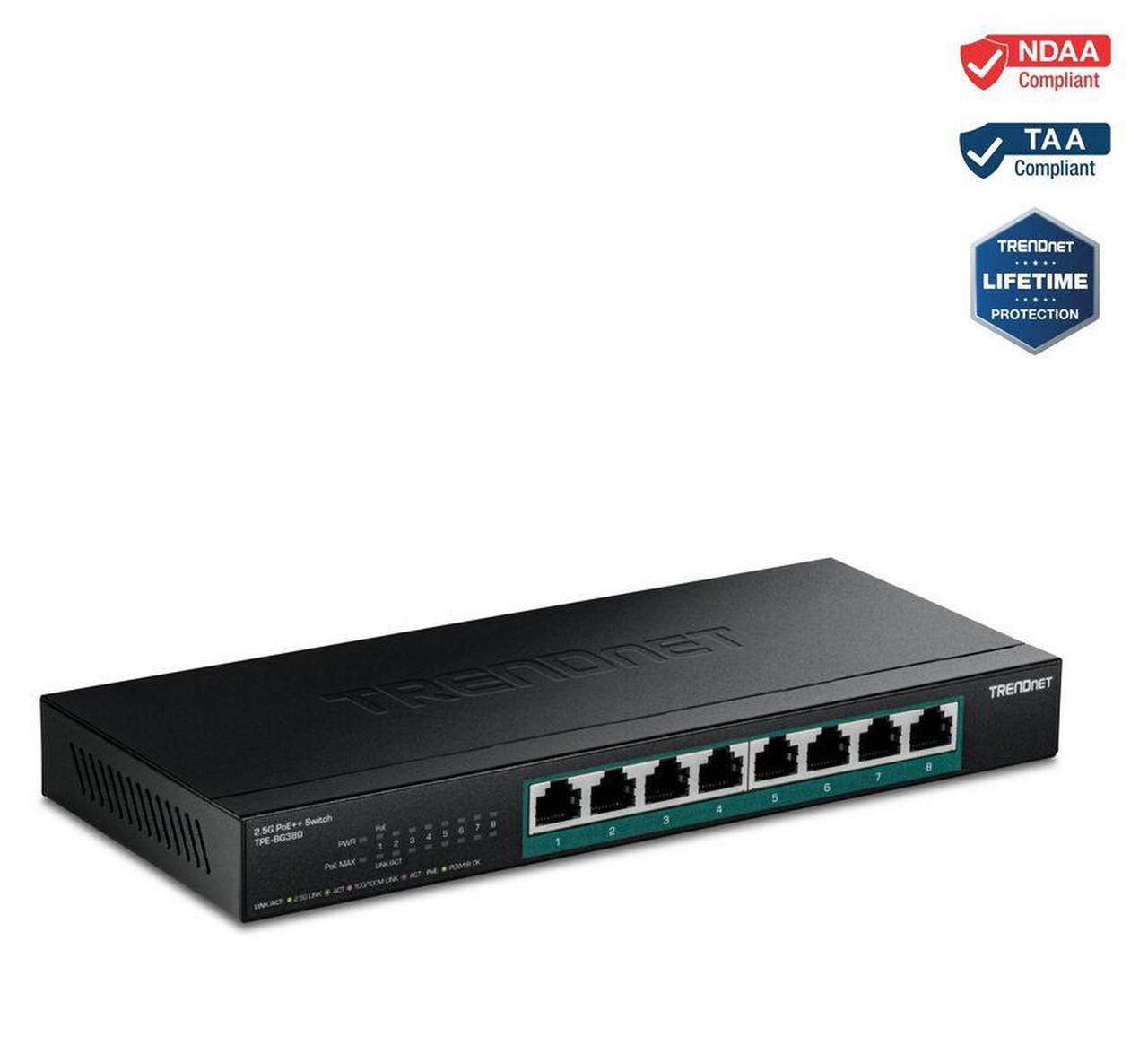 Main image of TRENDnet 8-Port 2.5G PoE++ Switch, TPE-BG380, 8 x 2.5GB PoE++ Ports, 230W Poe Power Budget, 40Gbps Switching Capacity, NDAA + TAA Compliant, Lifetime TRENDnet Protection