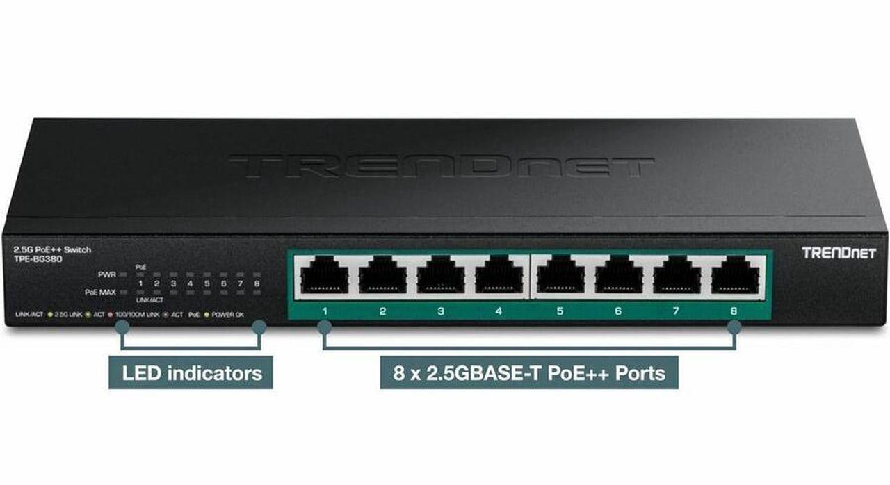 Alt view image 2 of 6 - TRENDnet 8-Port 2.5G PoE++ Switch, TPE-BG380, 8 x 2.5GB PoE++ Ports, 230W Poe Power Budget, 40Gbps Switching Capacity, NDAA + TAA Compliant, Lifetime TRENDnet Protection