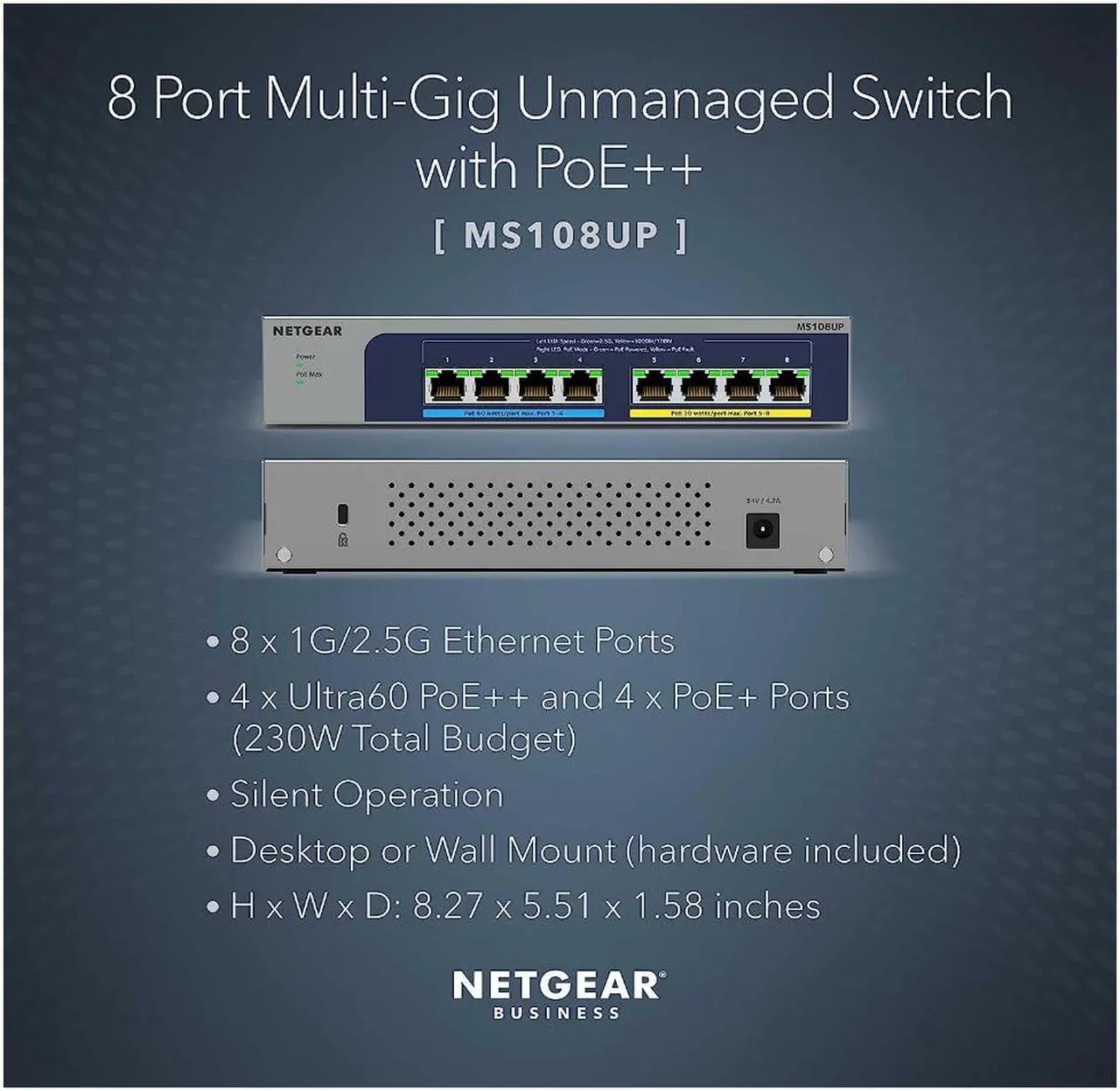 Alt view image 7 of 7 - NETGEAR 8-port Multi-Gigabit (2.5G) Ultra60 PoE++ Ethernet Unmanaged Switch | MS108UP