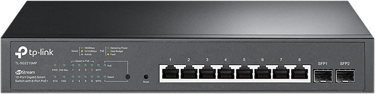 Main image of TP-Link TL-SG2210MP | Jetstream 10 Port Gigabit Smart Managed PoE Switch | 8 PoE+ Ports @ 150W, 2 SFP Slots | Omada SDN Integrated | PoE Recovery | IPv6 | Static Routing | Limited Lifetime Protection
