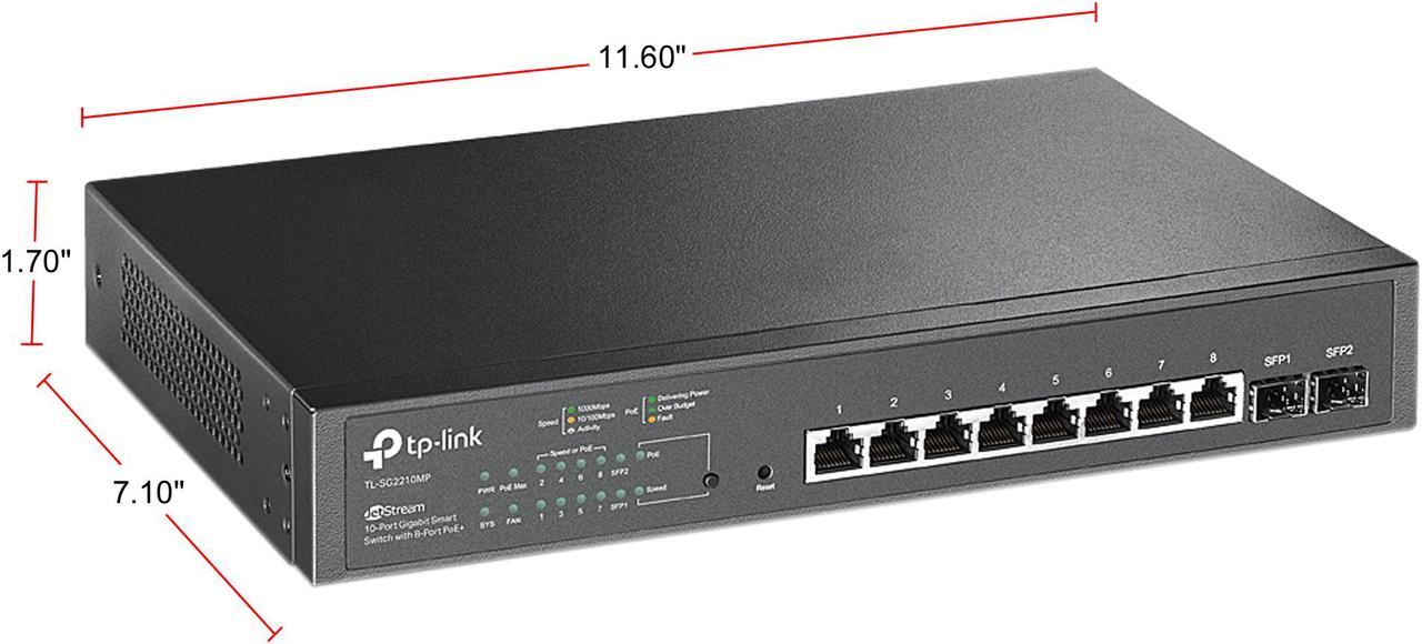Alt view image 3 of 4 - TP-Link TL-SG2210MP | Jetstream 10 Port Gigabit Smart Managed PoE Switch | 8 PoE+ Ports @ 150W, 2 SFP Slots | Omada SDN Integrated | PoE Recovery | IPv6 | Static Routing | Limited Lifetime Protection