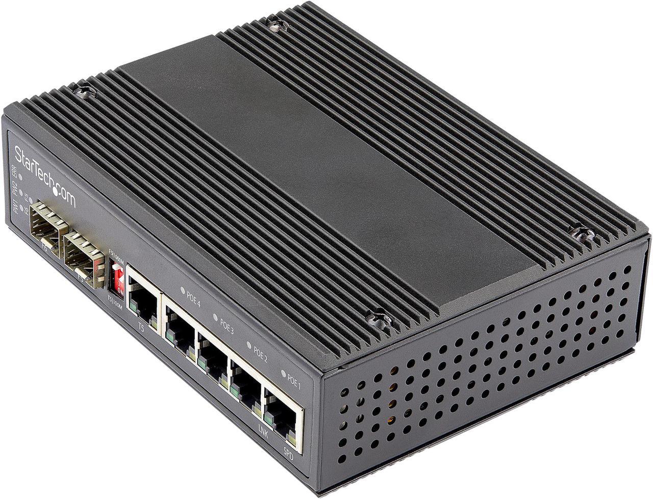 StarTech.com IES1G52UP12V Industrial 6 Port Gigabit Ethernet Switch - 4 PoE RJ45 +2 SFP Slots 30W PoE+ 12-48VDC 10/100/1000 Rugged Power Over Ethernet LAN Switch -40C to 75C - DIN Mountable (IES1G52UP12V)