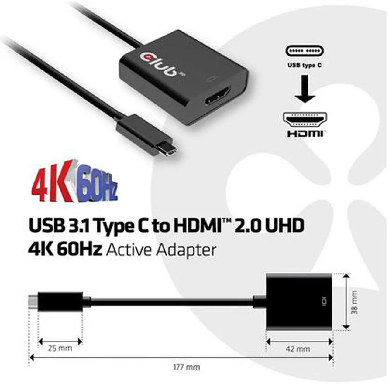 Alt view image 4 of 4 - Club 3D Usb 3.1 Type C To Hdmi 2.0 Uhd 4K 60Hz Active Adapter