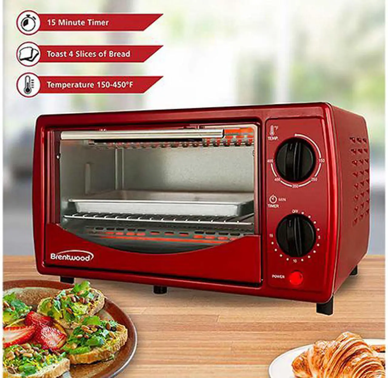 Alt view image 2 of 7 - Brentwood TS-345R Stainless Steel 4 Slice Toaster Oven, Ruby Red