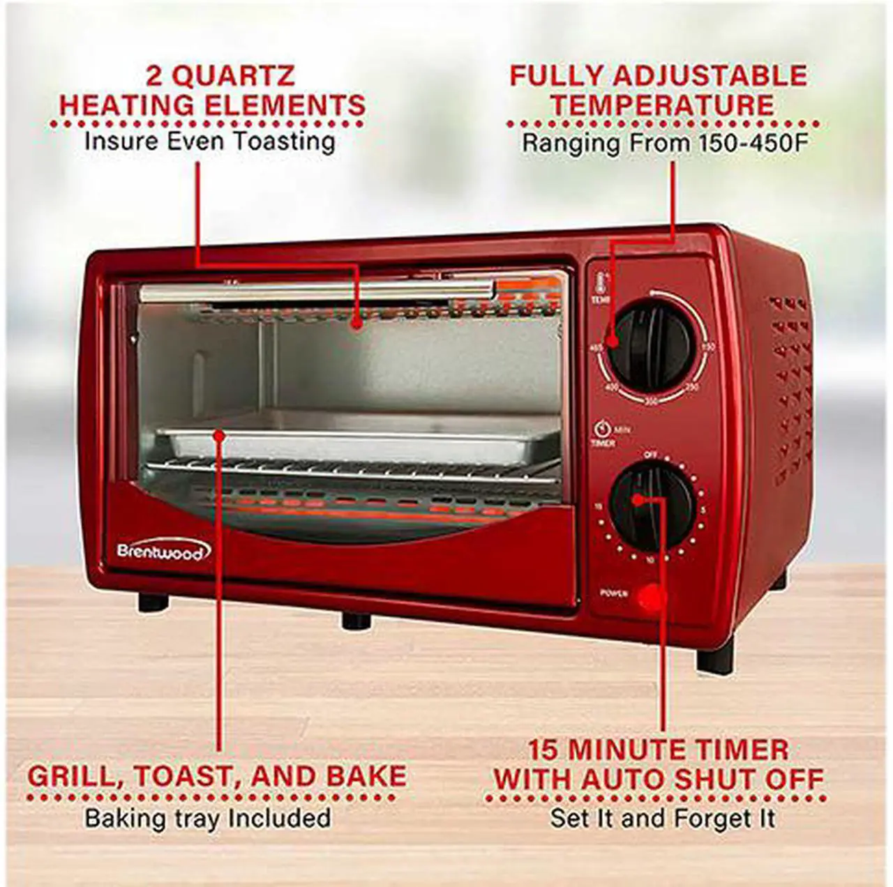 Alt view image 6 of 7 - Brentwood TS-345R Stainless Steel 4 Slice Toaster Oven, Ruby Red