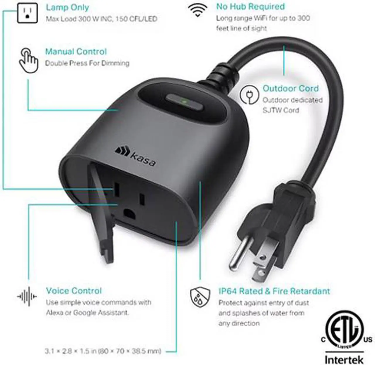 Alt view image 2 of 7 - Kasa Outdoor Smart Dimmer Plug, IP64 Plug- in Dimmer for Outdoor String Lights, Compatible with Alexa, Google Assistant & SmartThings, Long Wi-Fi Range 2.4Ghz, No Hub Required, ETL Certified (KP405)