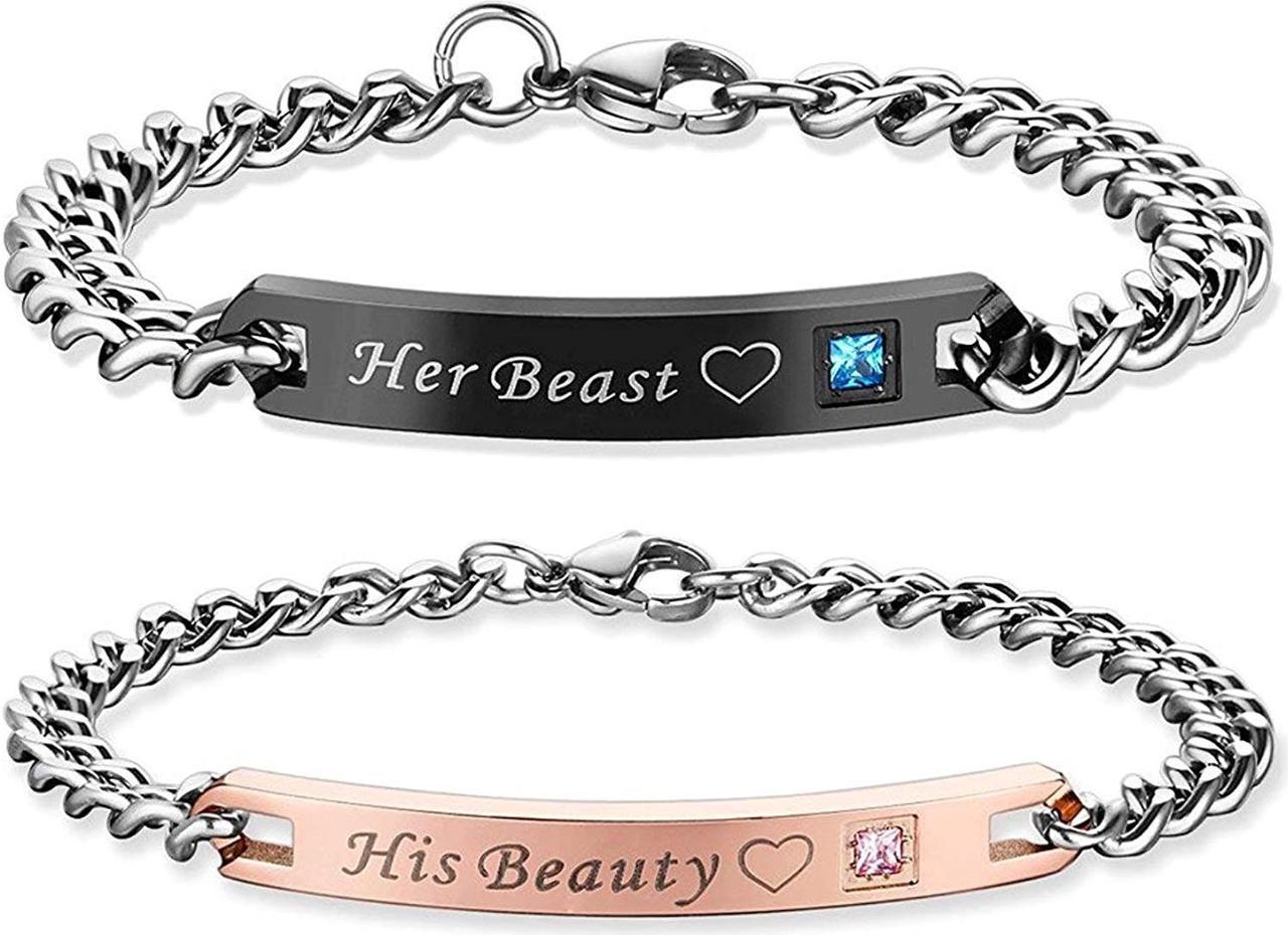 Stainless Steel 'His Beauty Her Beast' His and Her Curb Couple Boyfriend Girlfriend Bracelet Matching Cuban Link Chain Wrist Band Valentine's for Her and Him