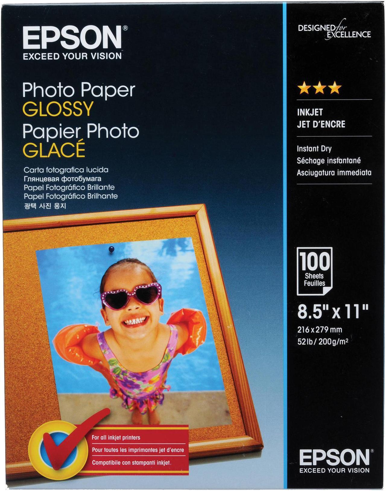 Epson S041271 Glossy Photo Paper, 52 lbs, Glossy, 8-1/2 x 11, 100 Sheets/Pack