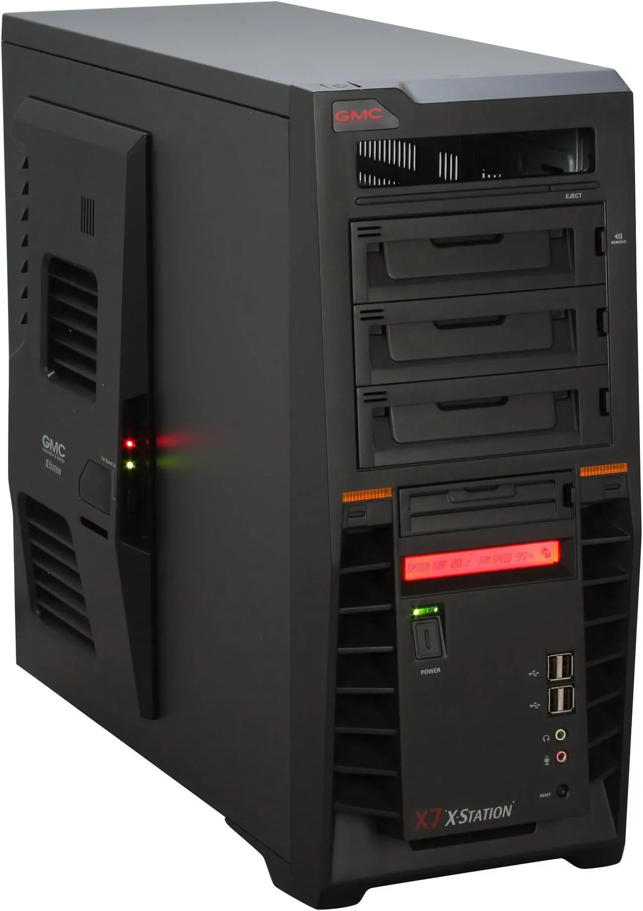 Main image of GMC X-7 Black ABS / SECC steel Gaming ATX Mid Tower Computer Case w/ three fans- 1x 120mm front fan, 1x 120mm rear fan, 1x 80mm side-panel fan