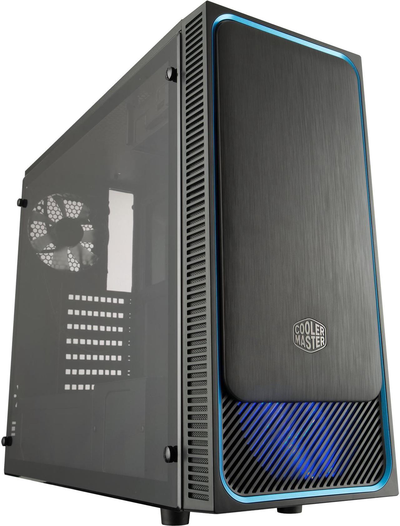 Cooler Master MasterBox E500L ATX Mid-Tower w/ Front Sliding Brushed Panel, Blue Accent Trim, Transparent Acrylic Side Panel and Blue LED Fans