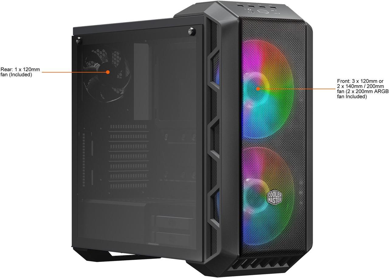 Cooler Master MasterCase H500 ARGB Airflow ATX Mid-Tower with Mesh and Transparent Front Panel Option, Dual 200mm ARGB Lighting Fans, and Tempered Glass