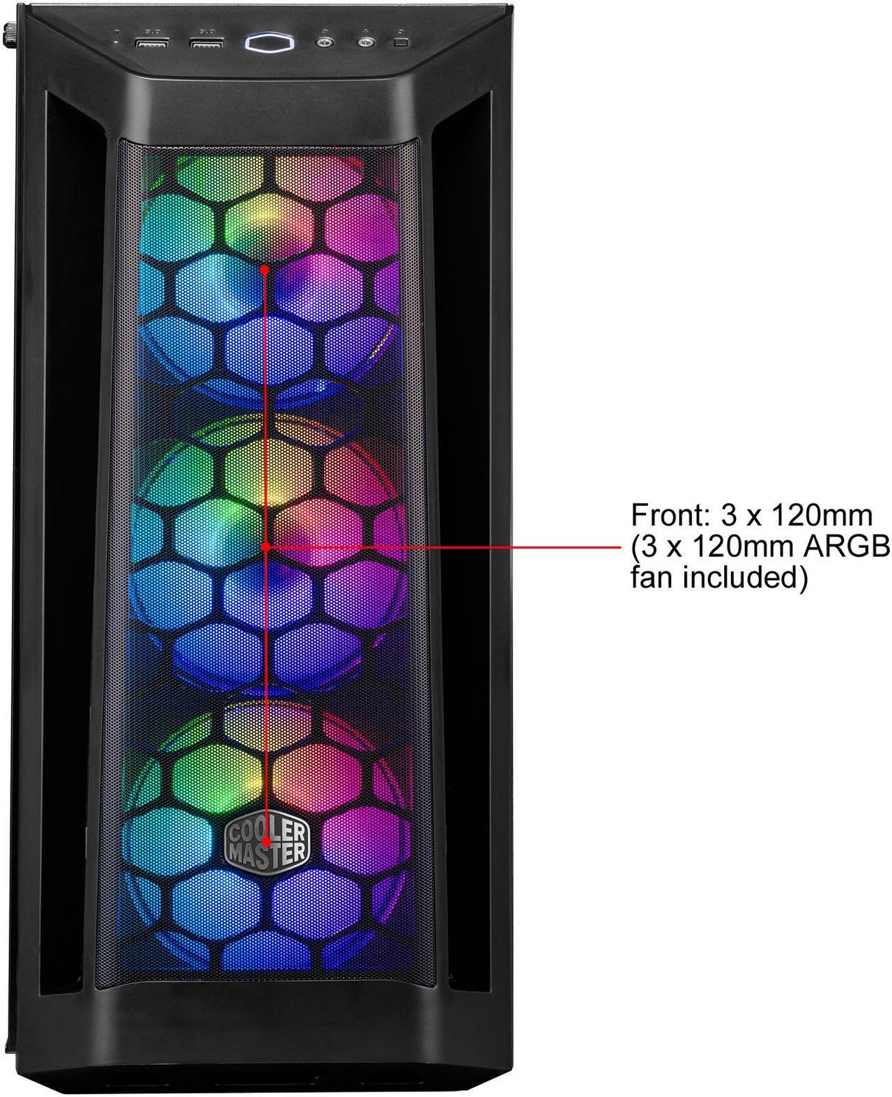 Alt view image 3 of 19 - Cooler Master MasterBox MB511 ARGB ATX Mid-Tower with Fine Mesh Front Panel, Mesh Side Intakes, Tempered Glass, Three 120mm ARGB Lighting Fans - Black