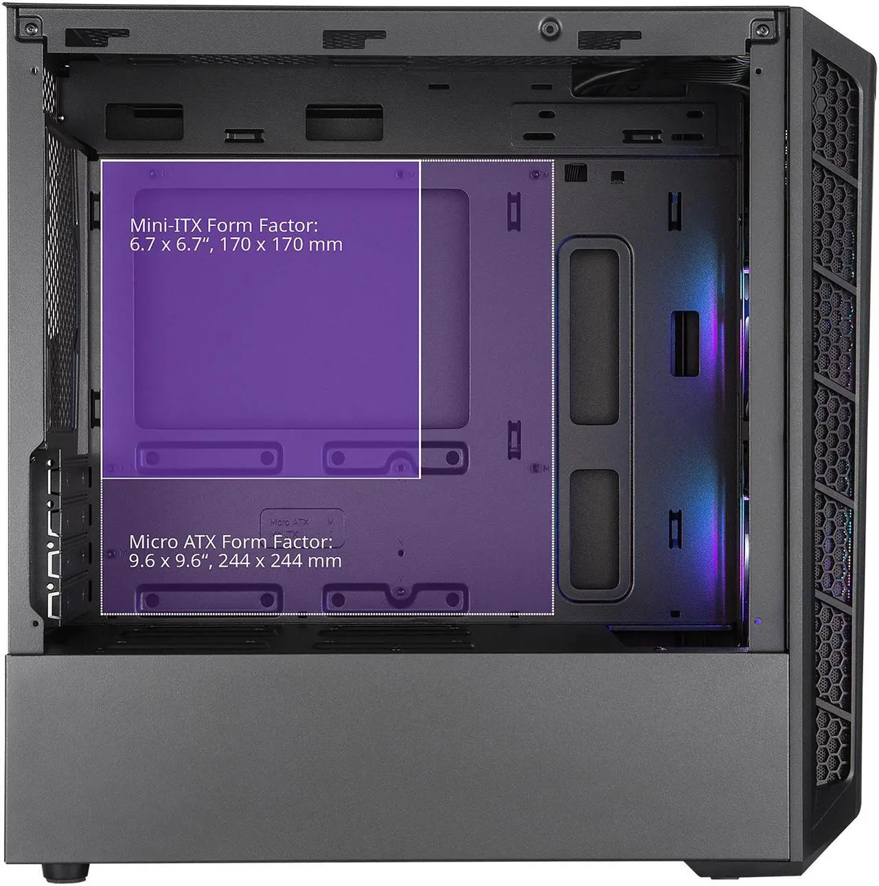 Alt view image 5 of 19 - Cooler Master MasterBox MB320L ARGB Micro-ATX Mini Tower with DarkMirror Front Panel, Mesh Intake Vents, Tempered Glass Side Panel, ARGB Controller, Dual ARGB Lighting Fans - Black