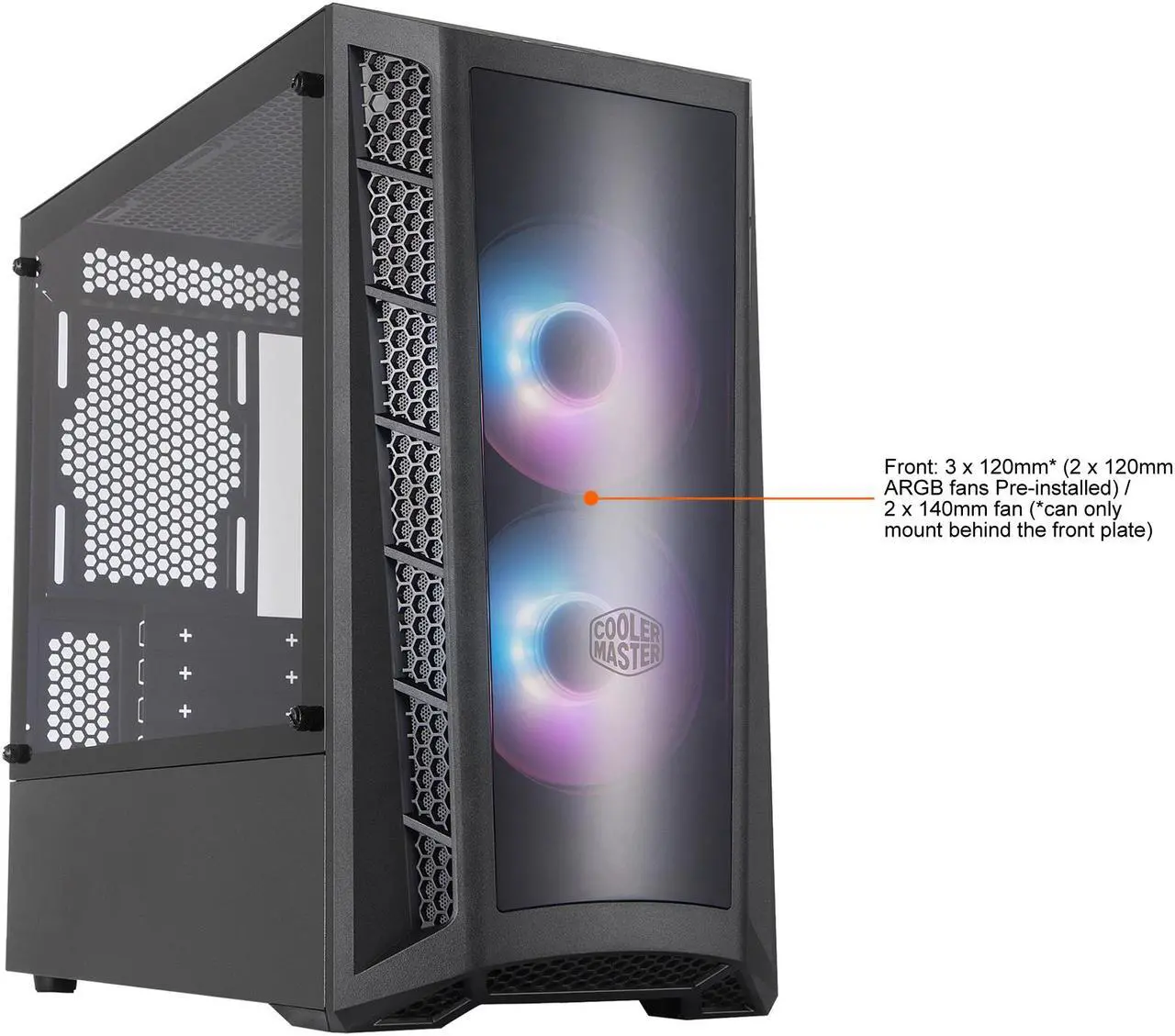 Alt view image 2 of 19 - Cooler Master MasterBox MB320L ARGB Micro-ATX Mini Tower with DarkMirror Front Panel, Mesh Intake Vents, Tempered Glass Side Panel, ARGB Controller, Dual ARGB Lighting Fans - Black