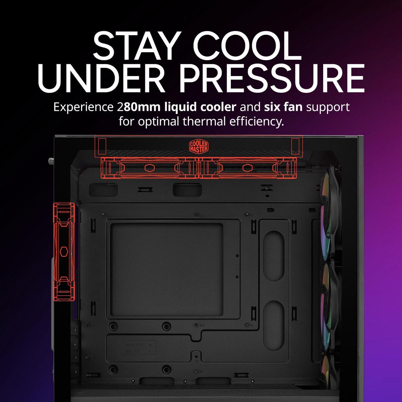 Alt view image 4 of 13 - Cooler Master Elite 302 Micro-ATX High Airflow Minimalist PC Case, 365mm GPU Max, 280mm AIO Max, Type C, Tempered Glass, Triple 120mm aRGB PWM Fan, Intakes Grill, Breathable PSU Shroud