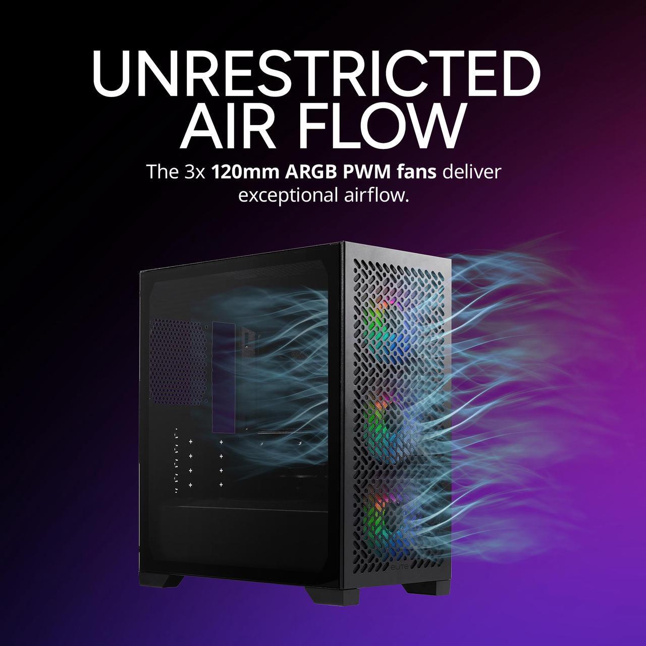 Alt view image 6 of 13 - Cooler Master Elite 302 Micro-ATX High Airflow Minimalist PC Case, 365mm GPU Max, 280mm AIO Max, Type C, Tempered Glass, Triple 120mm aRGB PWM Fan, Intakes Grill, Breathable PSU Shroud