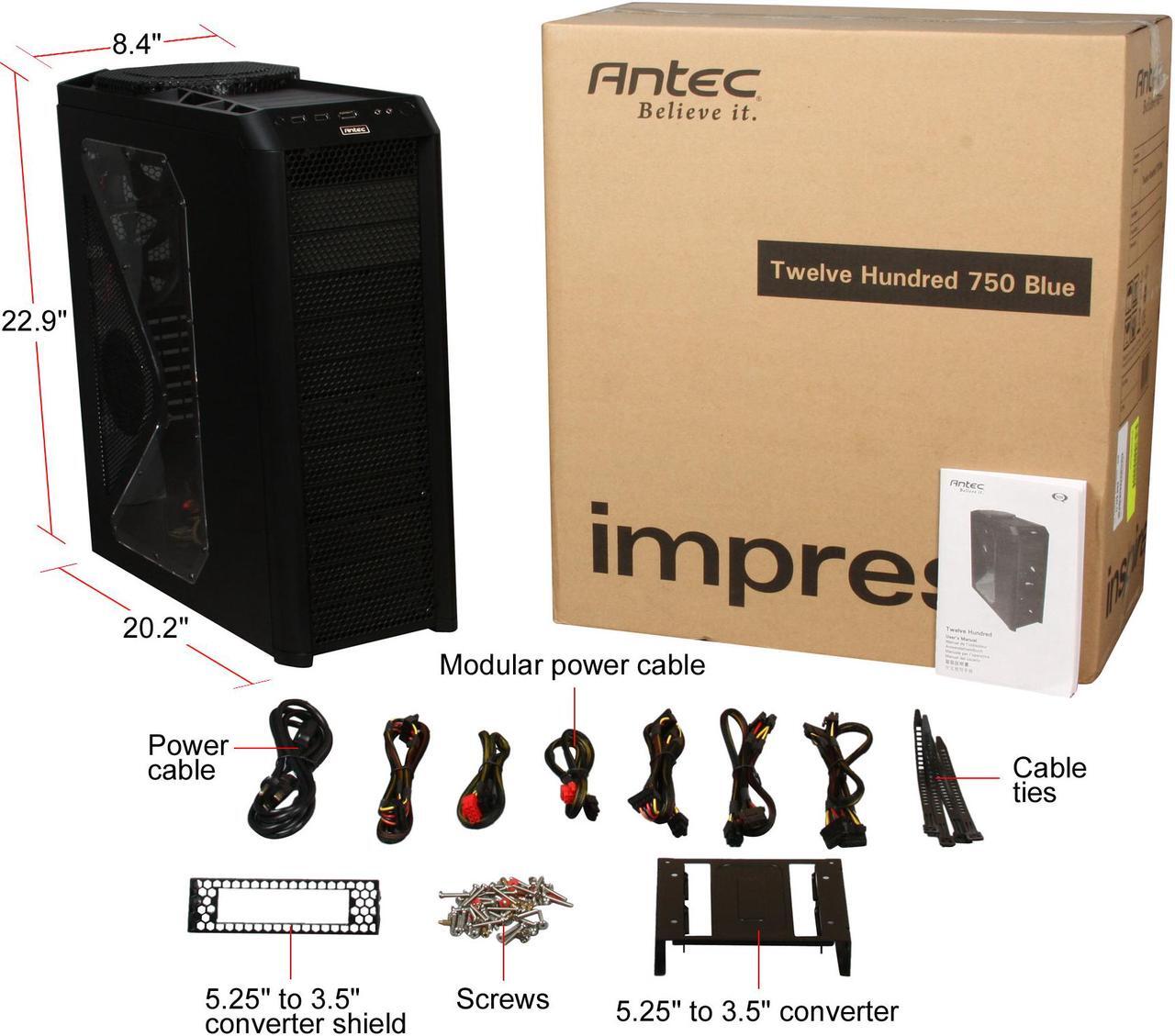 Alt view image 10 of 10 - Antec Twelve Hundred 750 Blue Black Steel ATX Full Tower Computer Case 750W Power Supply