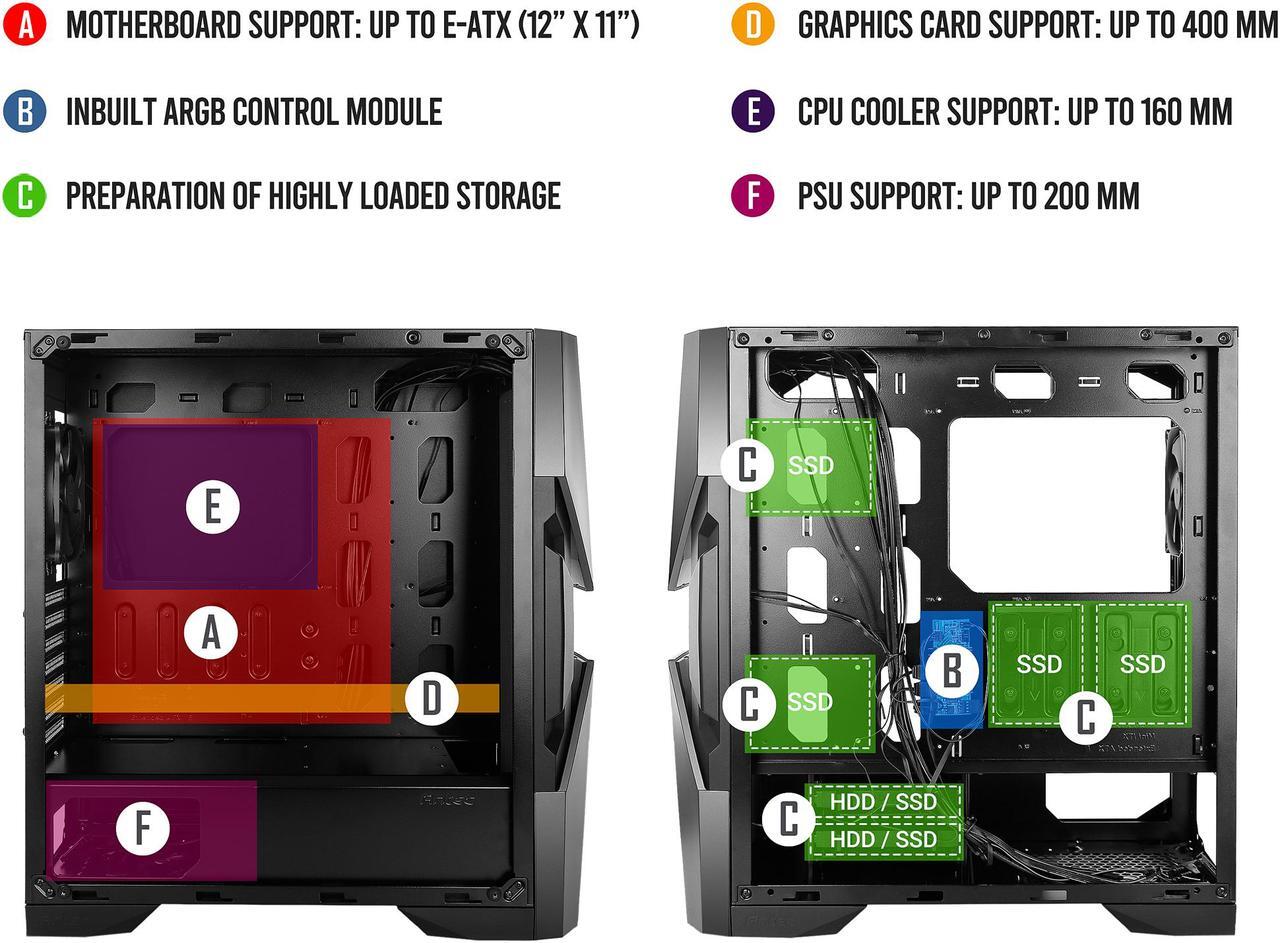 Alt view image 19 of 20 - Antec Dark Avenger DA601 E-ATX Mid Tower Case/ARGB Motherboard Sync/Tempered Glass/Prizm 120 ARGB Fan Included