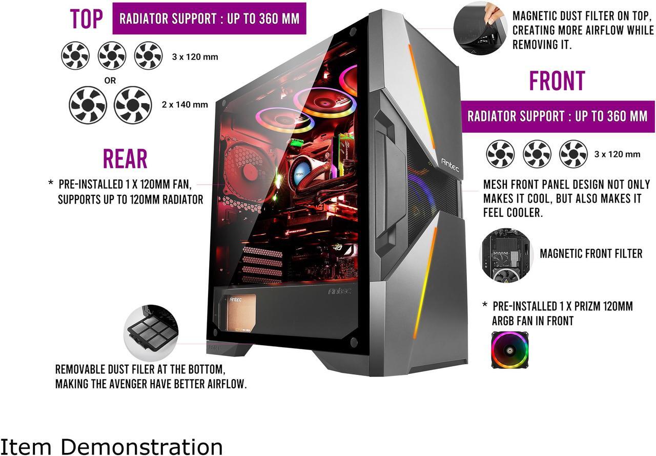 Alt view image 18 of 20 - Antec Dark Avenger DA601 E-ATX Mid Tower Case/ARGB Motherboard Sync/Tempered Glass/Prizm 120 ARGB Fan Included