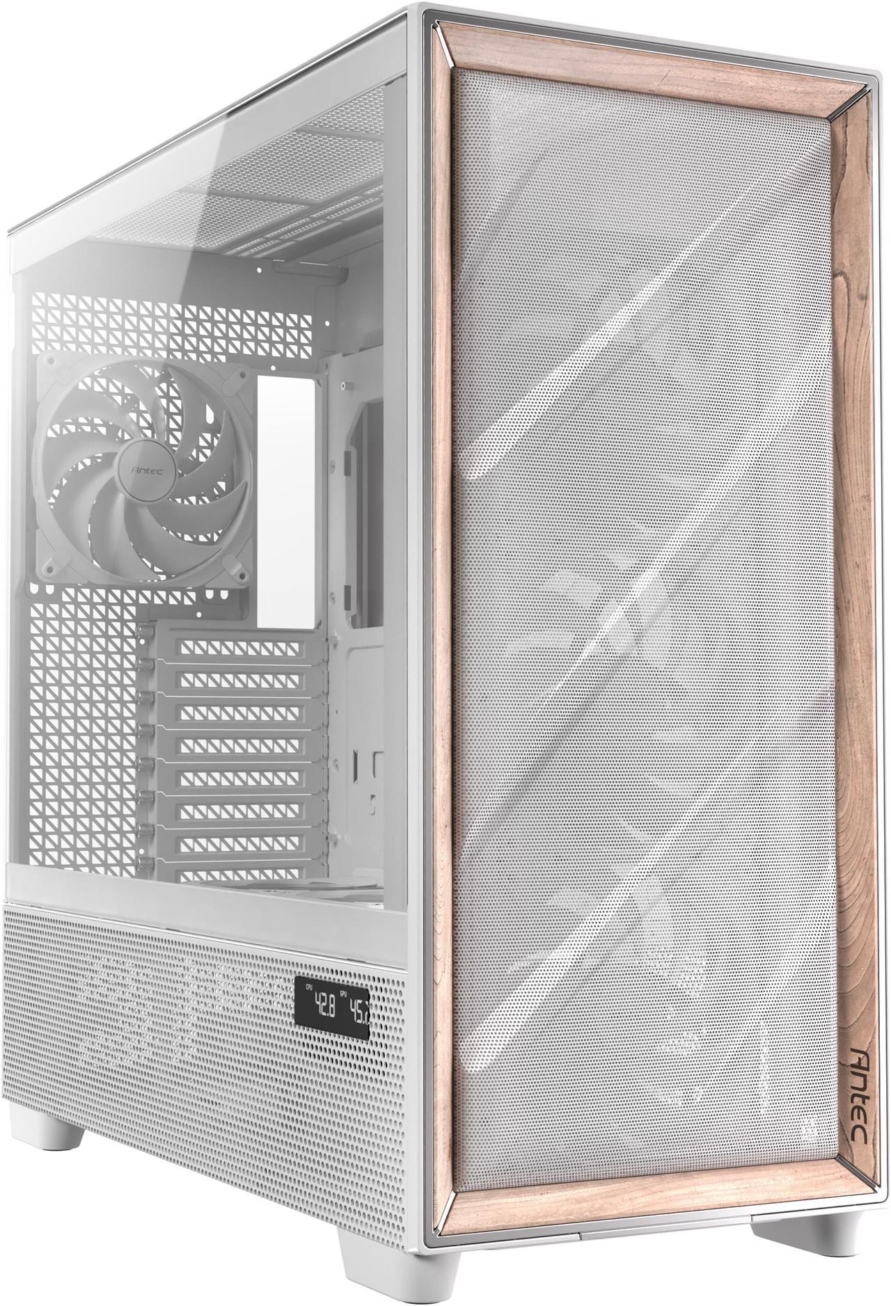 Antec Flux Pro White, 6 x PWM Fans Included, High-Airflow Front Panel with Birch Wood, iShift PSU 90° Mount, USB3.0 x 2, Type-C, 420mm Radiator Support, Temp. Display, Full-Tower E-ATX PC Case