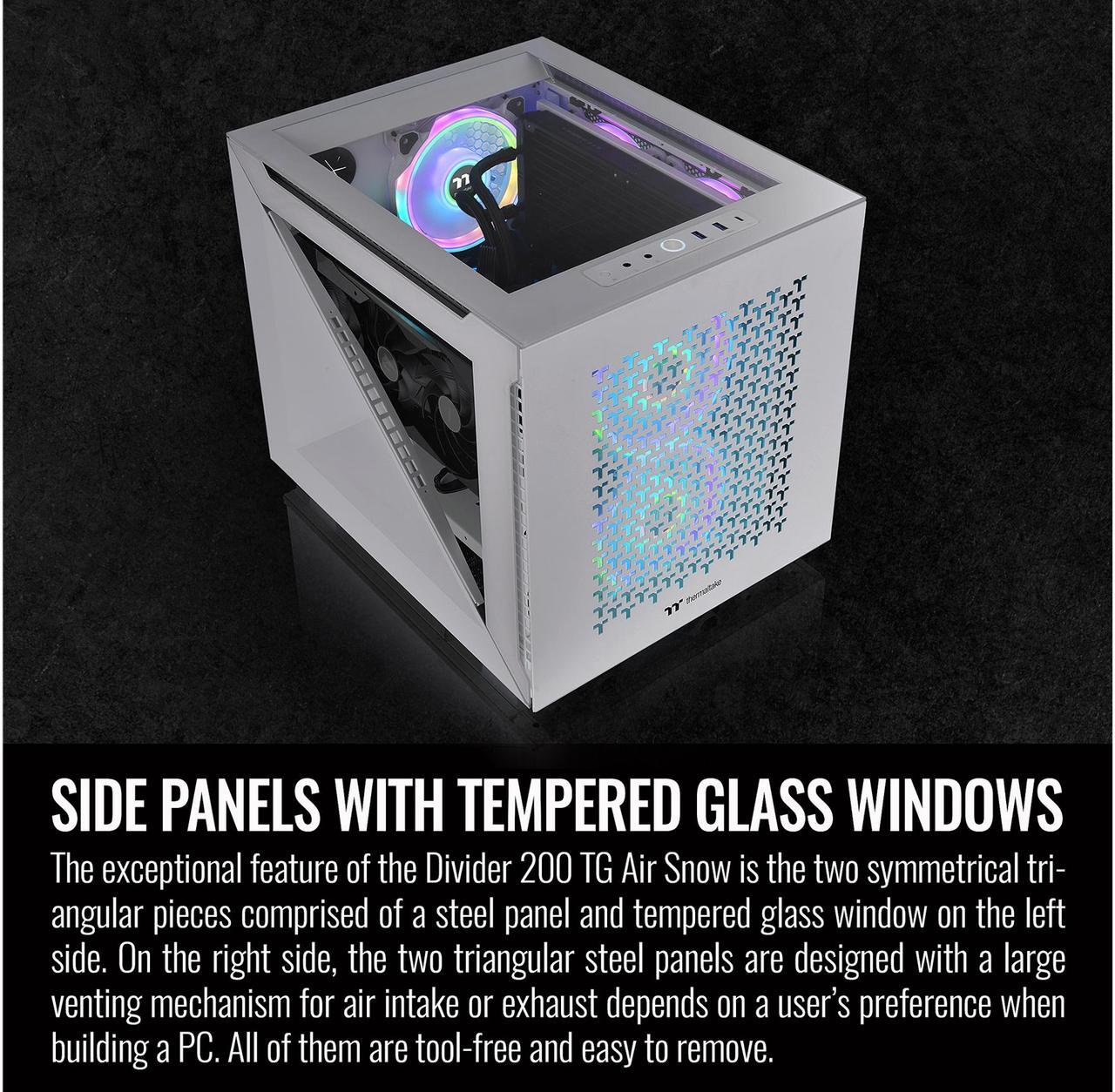 Alt view image 11 of 14 - Thermaltake Divider 200 TG Air Front Mesh Snow Edition Triangular Tempered Glass Side Panel Micro-ATX Computer Case with Pre-stalled 200mm Front Fan + 120mm Rear Fan CA-1V1-00S6WN-01