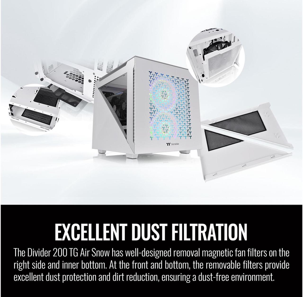 Alt view image 12 of 14 - Thermaltake Divider 200 TG Air Front Mesh Snow Edition Triangular Tempered Glass Side Panel Micro-ATX Computer Case with Pre-stalled 200mm Front Fan + 120mm Rear Fan CA-1V1-00S6WN-01