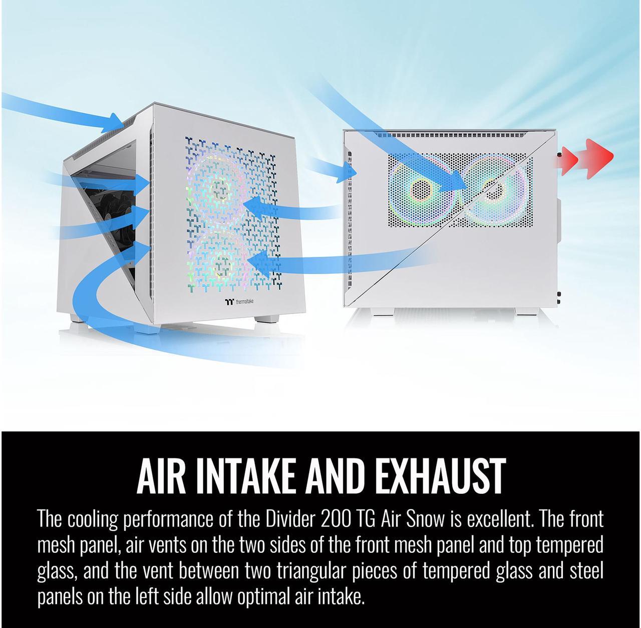 Alt view image 13 of 14 - Thermaltake Divider 200 TG Air Front Mesh Snow Edition Triangular Tempered Glass Side Panel Micro-ATX Computer Case with Pre-stalled 200mm Front Fan + 120mm Rear Fan CA-1V1-00S6WN-01