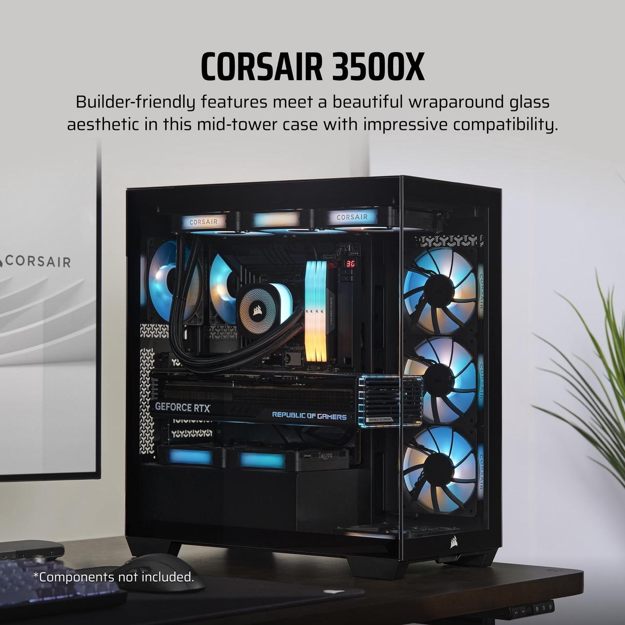 Alt view image 2 of 20 - CORSAIR 3500X Tempered Glass Mid-Tower PC Case, Black – No Fans Included - Reverse Connection Motherboard Compatible – Fits up to 10x 120mm Fans – Up to 2x 360mm Radiators