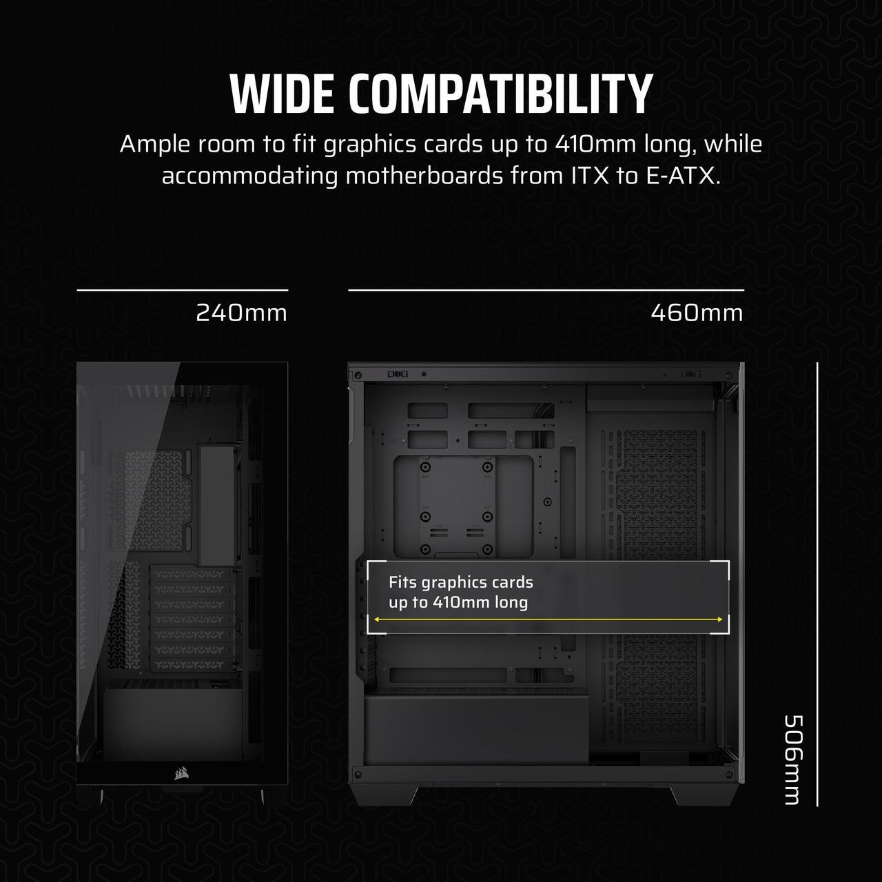 Alt view image 3 of 20 - CORSAIR 3500X Tempered Glass Mid-Tower PC Case, Black – No Fans Included - Reverse Connection Motherboard Compatible – Fits up to 10x 120mm Fans – Up to 2x 360mm Radiators