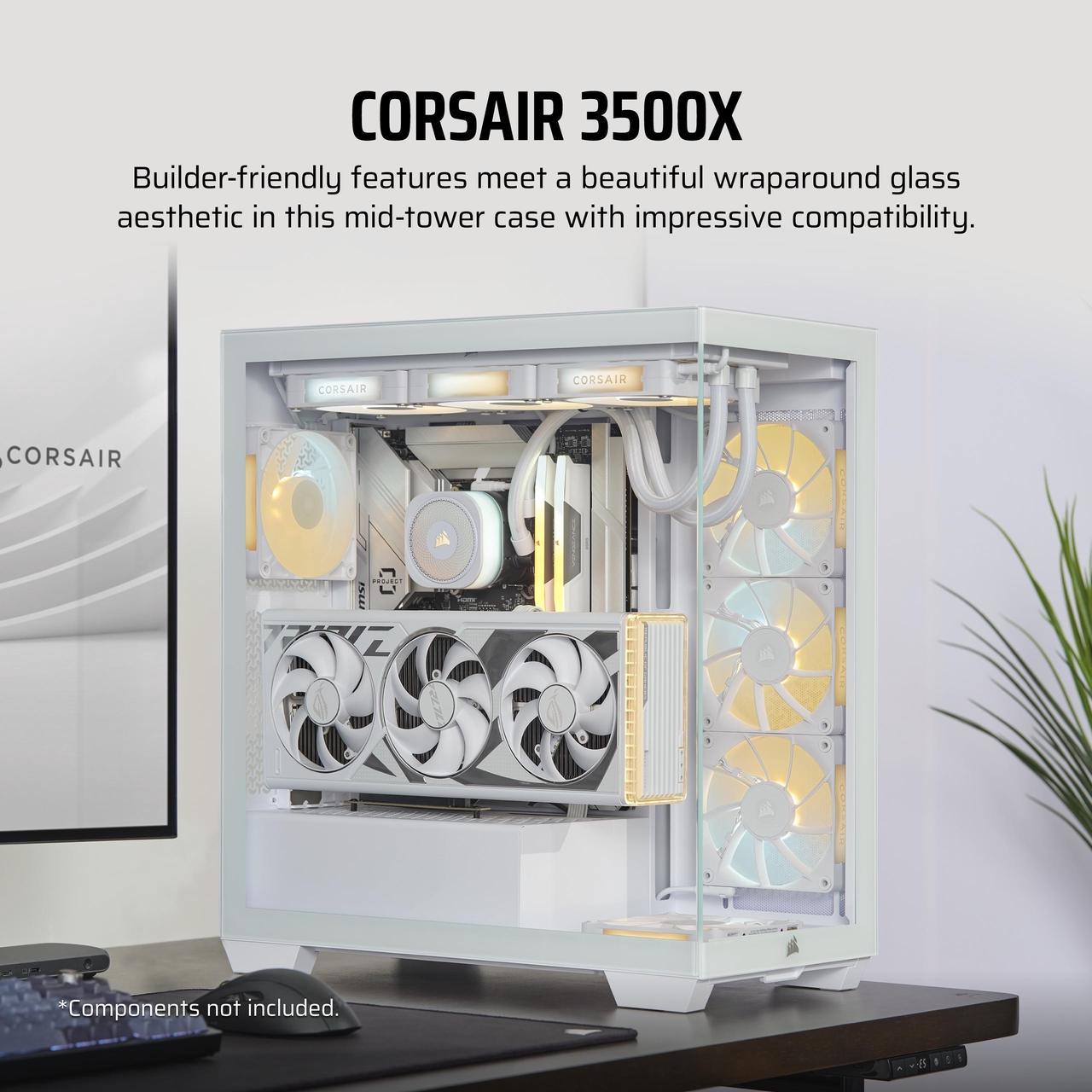Alt view image 2 of 20 - CORSAIR 3500X Tempered Glass Mid-Tower PC Case, White – No Fans Included - Reverse Connection Motherboard Compatible – Fits up to 10x 120mm Fans – Up to 2x 360mm Radiators