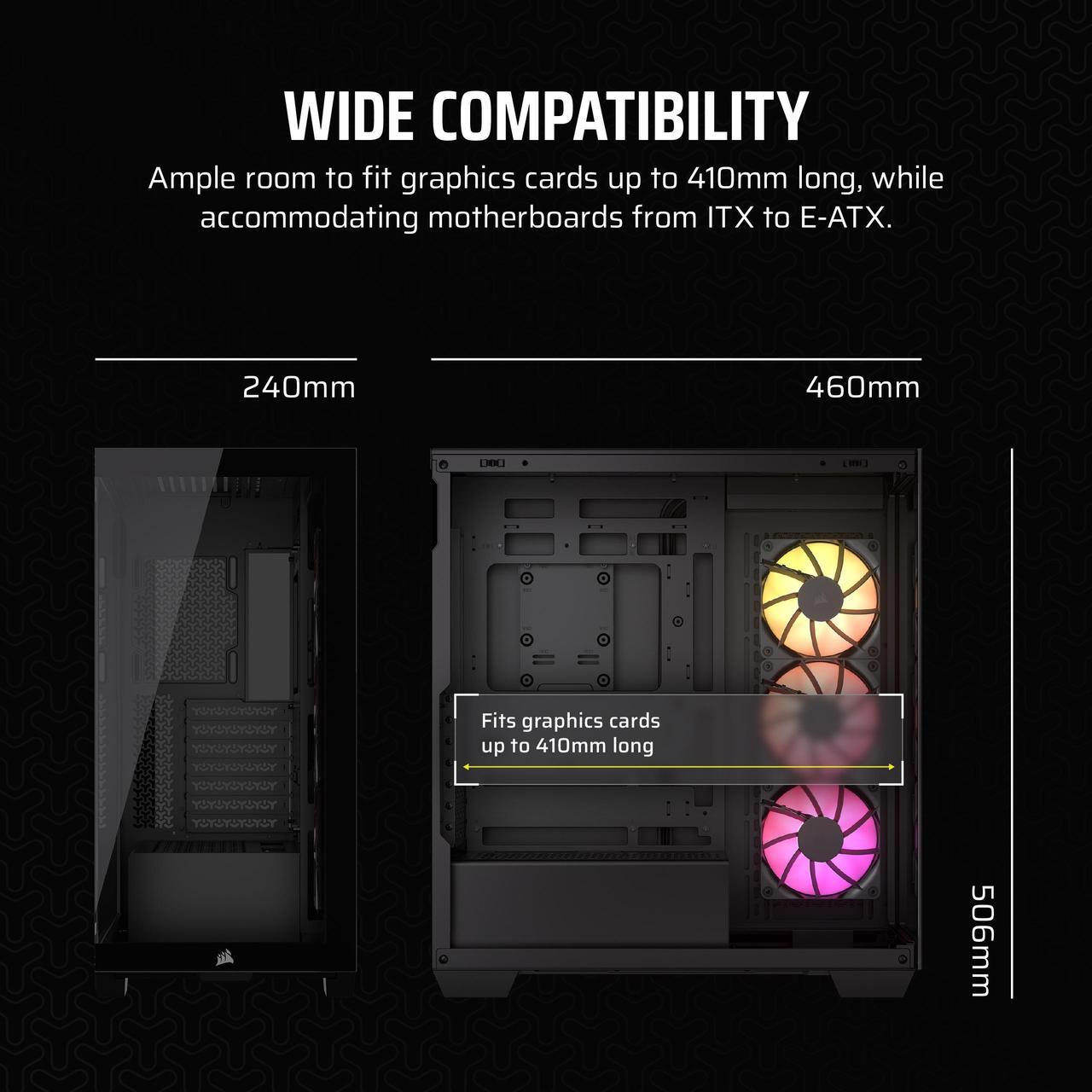 Alt view image 5 of 17 - CORSAIR 3500X ARGB Tempered Glass Mid-Tower PC Case, Black – 3x Pre-Installed RS120 ARGB Fans – Reverse Connection Motherboard Compatible – Fits up to 10x 120mm Fans