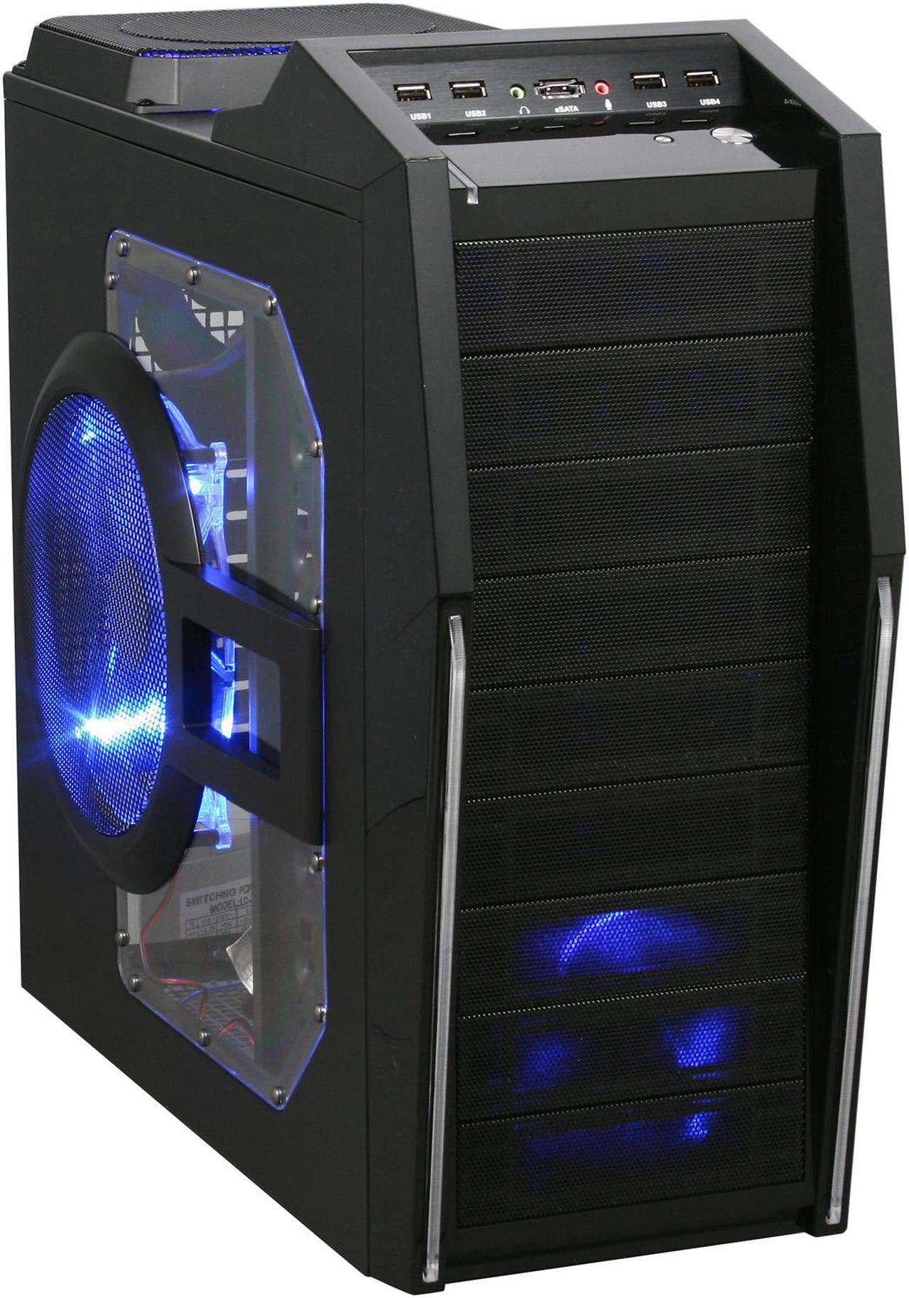 Rosewill CRUISER Black Gaming ATX Mid Tower Computer Case with Side Panel Window, comes with Four Fans-1x Front Blue LED 120mm Fan, 1x Top Blue LED 120mm Fan, 1x Rear 120mm Fan, 1x Side Blue LED 190mm Fan