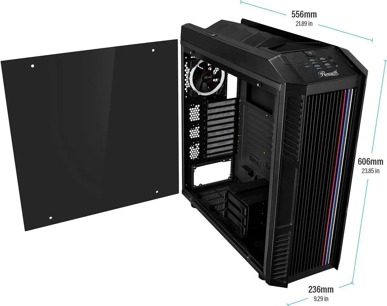 Alt view image 8 of 11 - Rosewill ATX Full Tower Gaming PC Computer Case with Dual Ring RGB LED Fans, E-ATX Support, Tempered Glass/Steel, User-Controlled Top Fins/Fan Vents - NIGHTHAWK Z-RGB