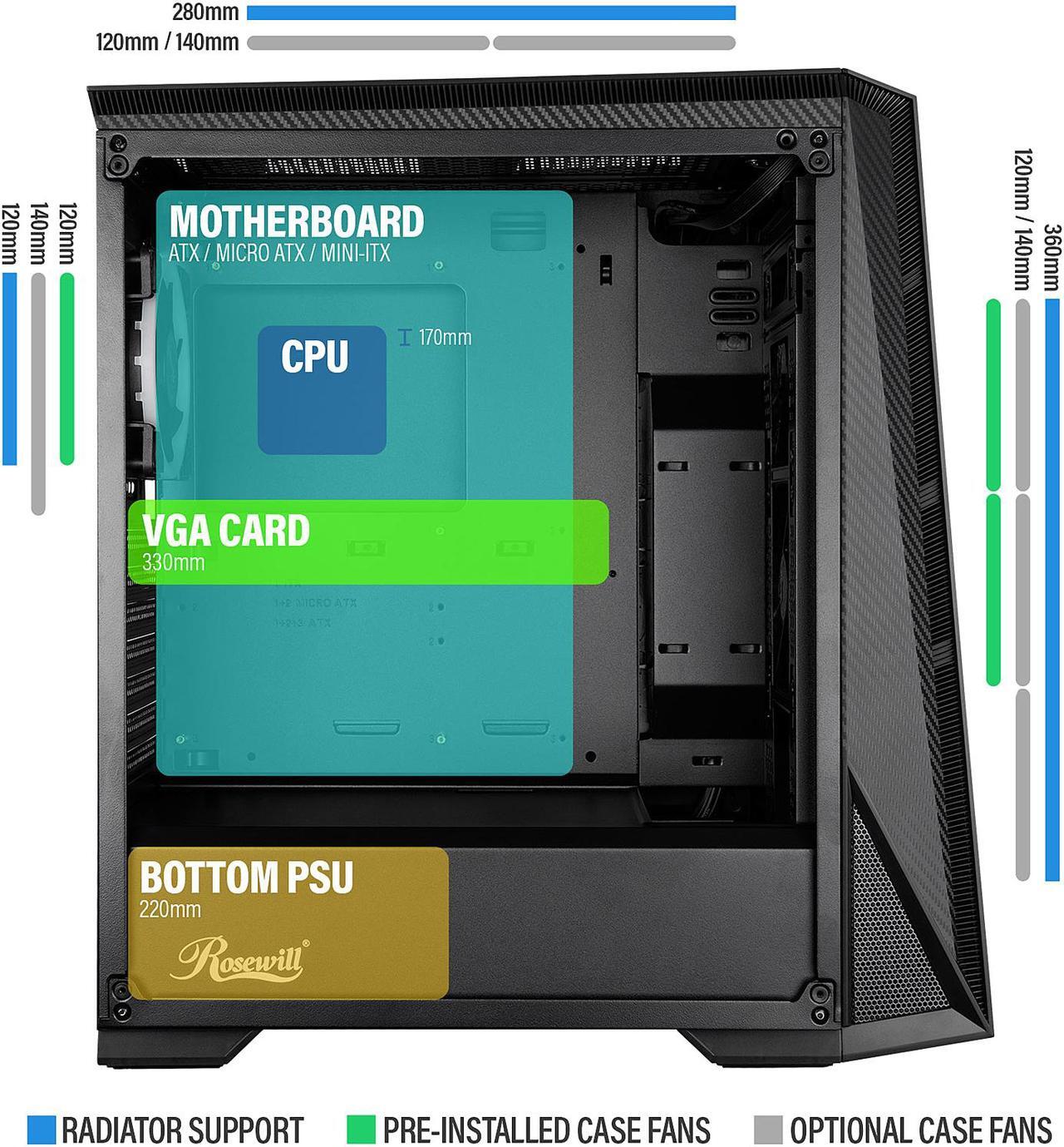 Alt view image 8 of 10 - Rosewill ATX Mid Tower Gaming PC Computer Case with RGB Fan & LED Light Strip, 240mm AIO up to 360mm Support, Bottom Mount PSU & HDD/SSD, Tempered Glass & Black Steel - ZIRCON M