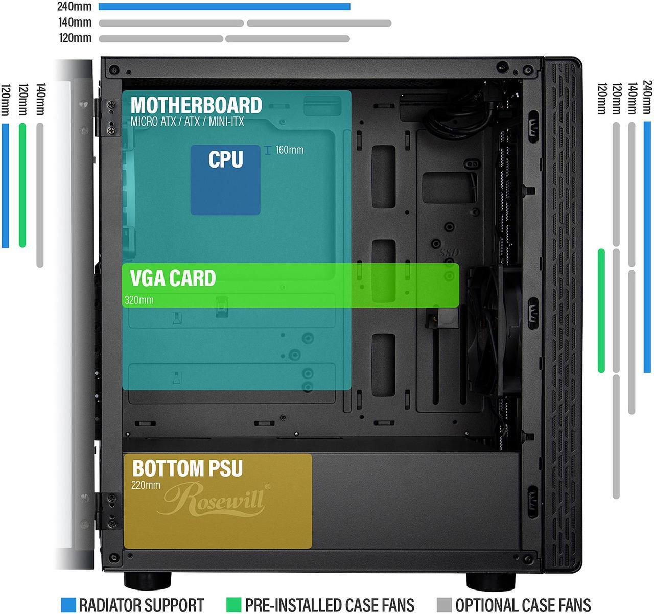 Alt view image 6 of 12 - Rosewill PRISM M ATX Mid Tower Gaming PC Computer Case w/ RGB Fan, 10 Backlit Modes, LED Light Strip Patterned Front Panel, 240mm AIO Support, EATX Support, Bottom Mount PSU & HDD/SSD, Tempered Glass