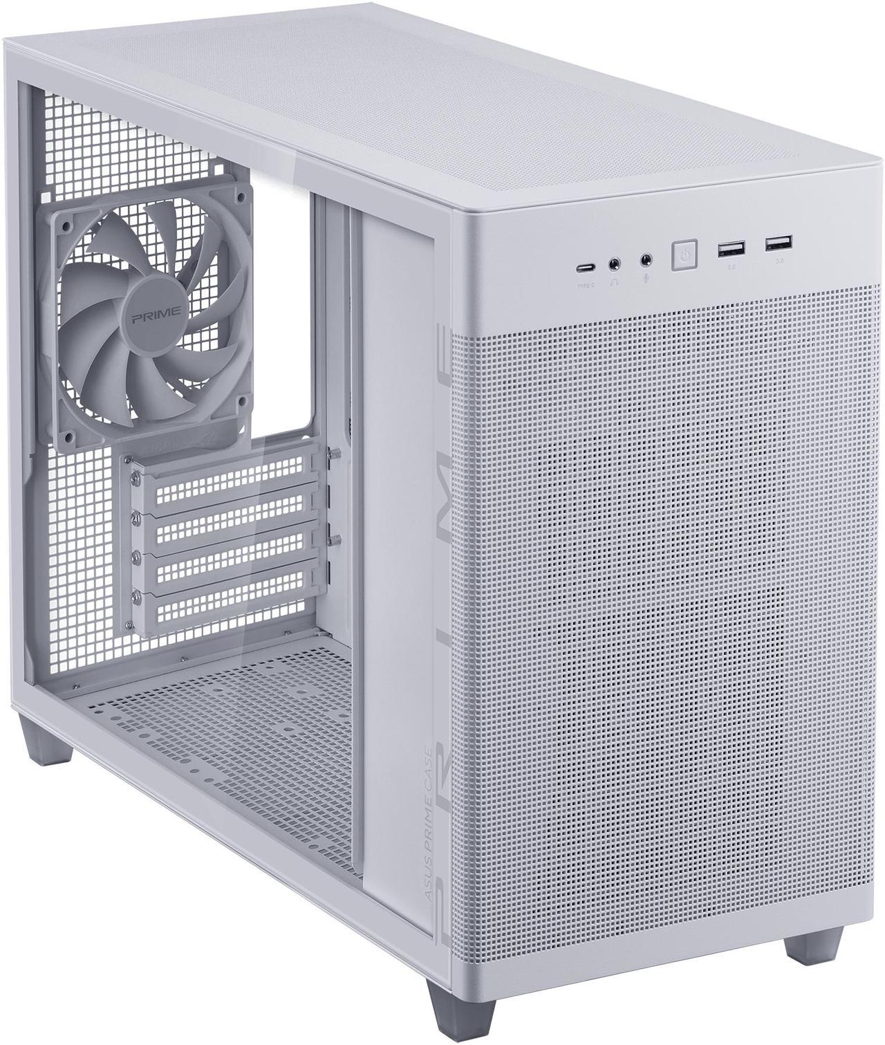 ASUS Prime AP201 White MicroATX Tempered Glass Edition Supports Graphics Cards up to 338mm, 360mm Coolers, & Standard ATX PSUs, Tool-Free Side Panels, Tempered Glass Side & Front Panel USB Type-C®