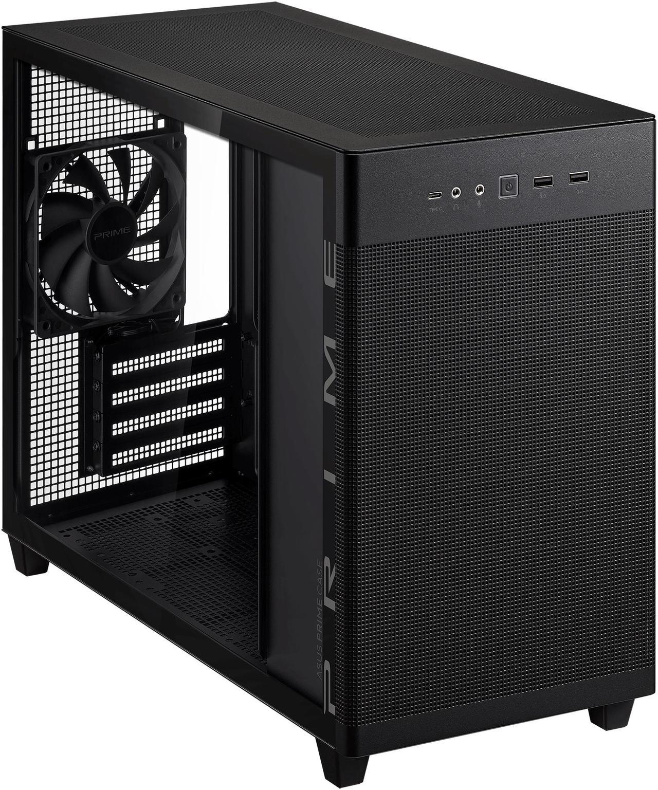 ASUS Prime AP201 Black MicroATX Tempered Glass Edition Supports Graphics Cards up to 338mm, 360mm coolers, & Standard ATX PSUs, Tool-Free side panels, Tempered Glass side & Front Panel USB Type-C®