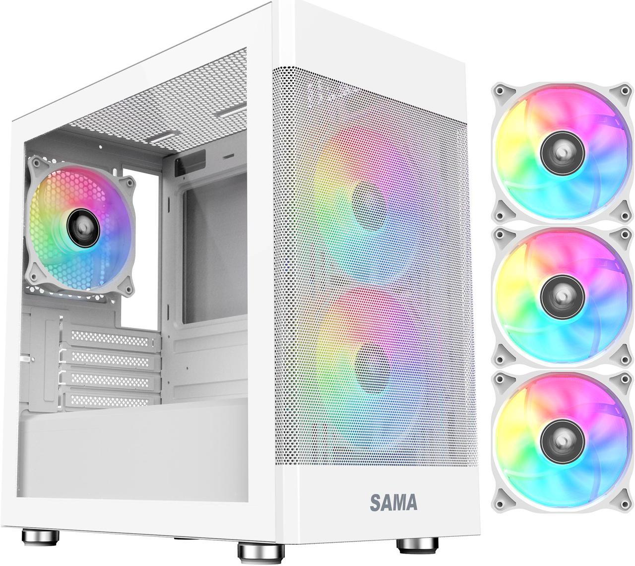 Sama ARGB-Q5-W White USB3.0 Tempered Glass Micro ATX Tower Gaming Computer Case w/  3 x 120mm ARGB Fans (Pre-Installed)